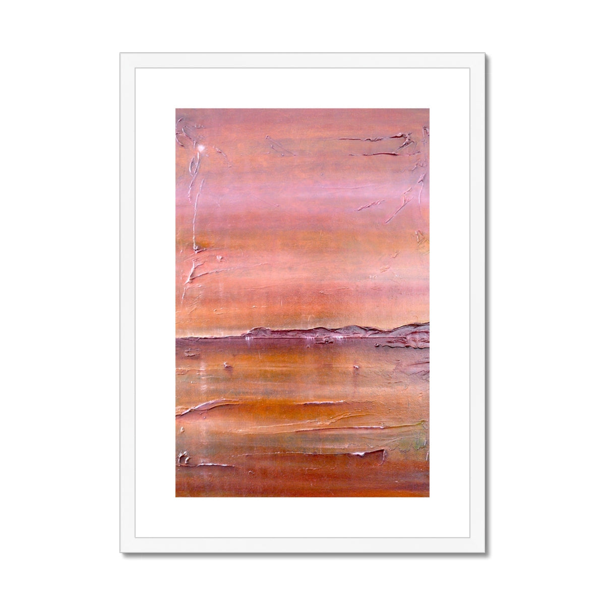 Pink and orange abstract Lochmaddy North Uist landscape print in white frame