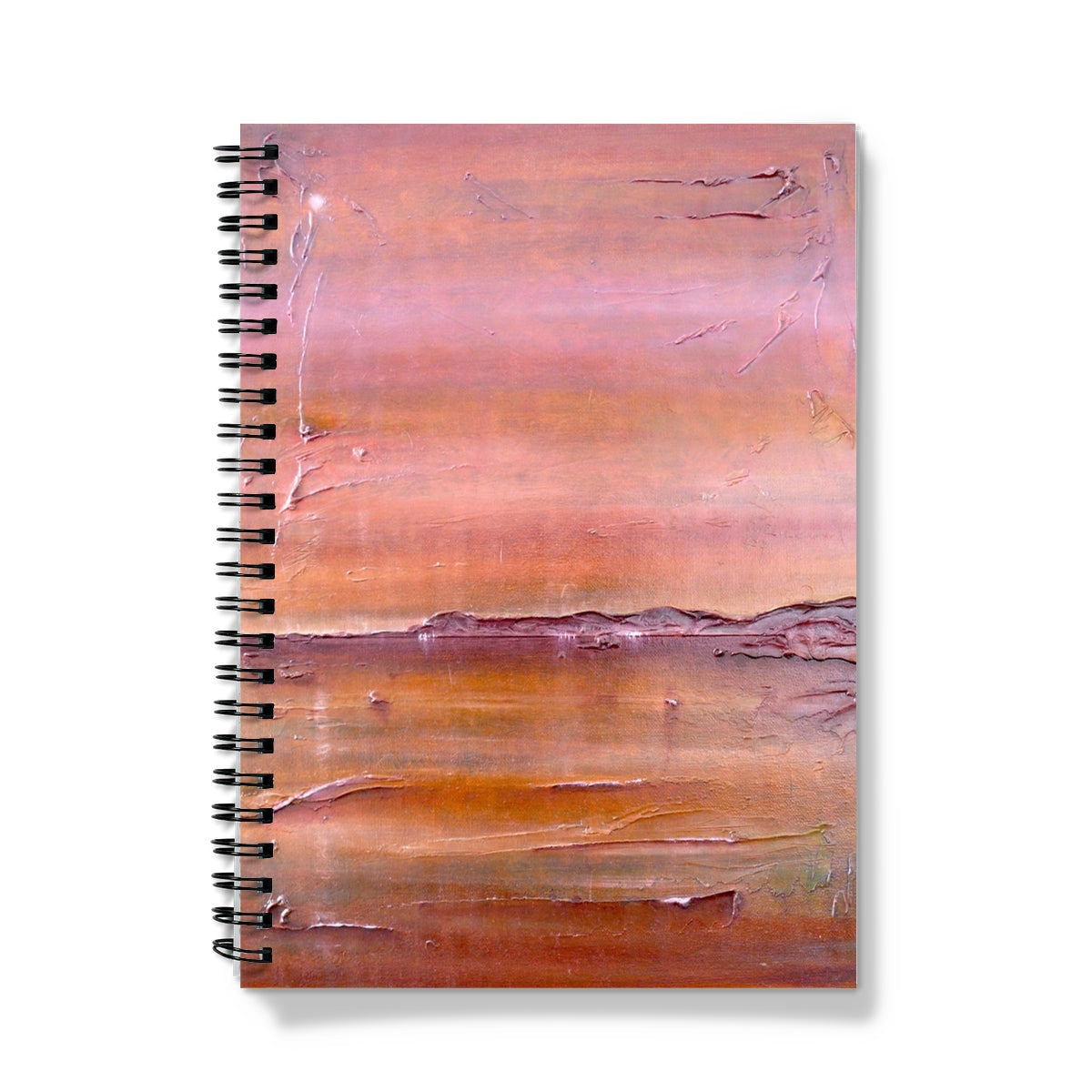 Lochmaddy North Uist spiral notebook with orange pink abstract landscape cover