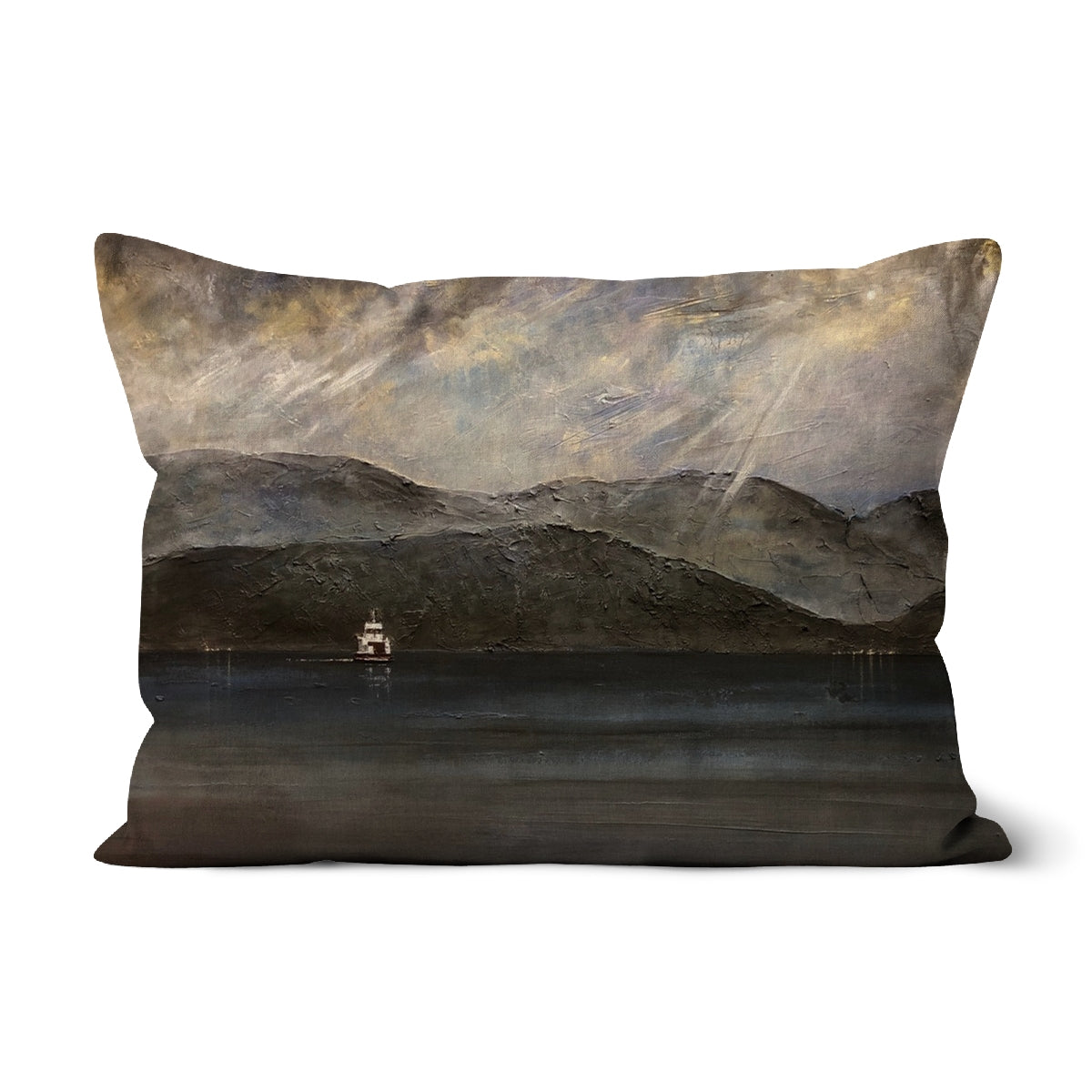 Lochranza Moonlit Ferry Arran Art Gifts Cushion-Cushions-Arran Art Gallery-Linen-19"x13"-Paintings, Prints, Homeware, Art Gifts From Scotland By Scottish Artist Kevin Hunter