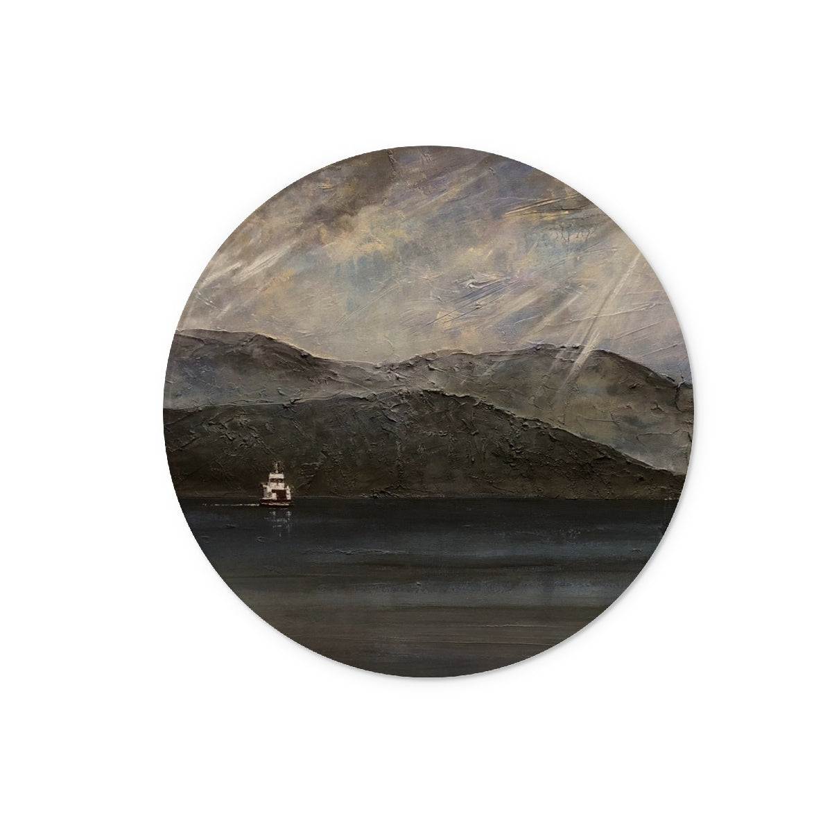 Lochranza Moonlit Ferry Arran Art Gifts Glass Chopping Board-Glass Chopping Boards-Arran Art Gallery-12" Round-Paintings, Prints, Homeware, Art Gifts From Scotland By Scottish Artist Kevin Hunter