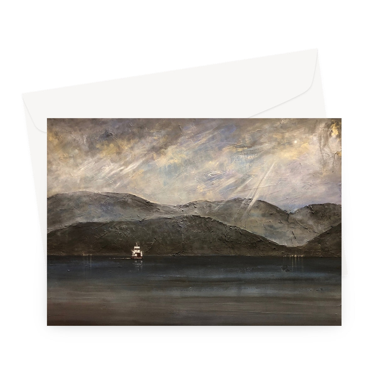 Lochranza Moonlit Ferry Arran Art Gifts Greeting Card-Greetings Cards-Arran Art Gallery-A5 Landscape-10 Cards-Paintings, Prints, Homeware, Art Gifts From Scotland By Scottish Artist Kevin Hunter