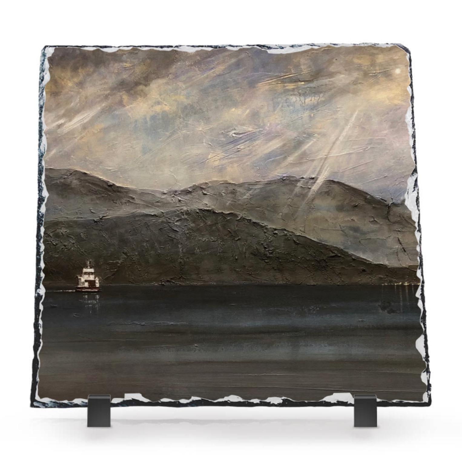 Lochranza Moonlit Ferry Arran Scottish Scottish Slate Art-Slate Art-Arran Art Gallery-Paintings, Prints, Homeware, Art Gifts From Scotland By Scottish Artist Kevin Hunter