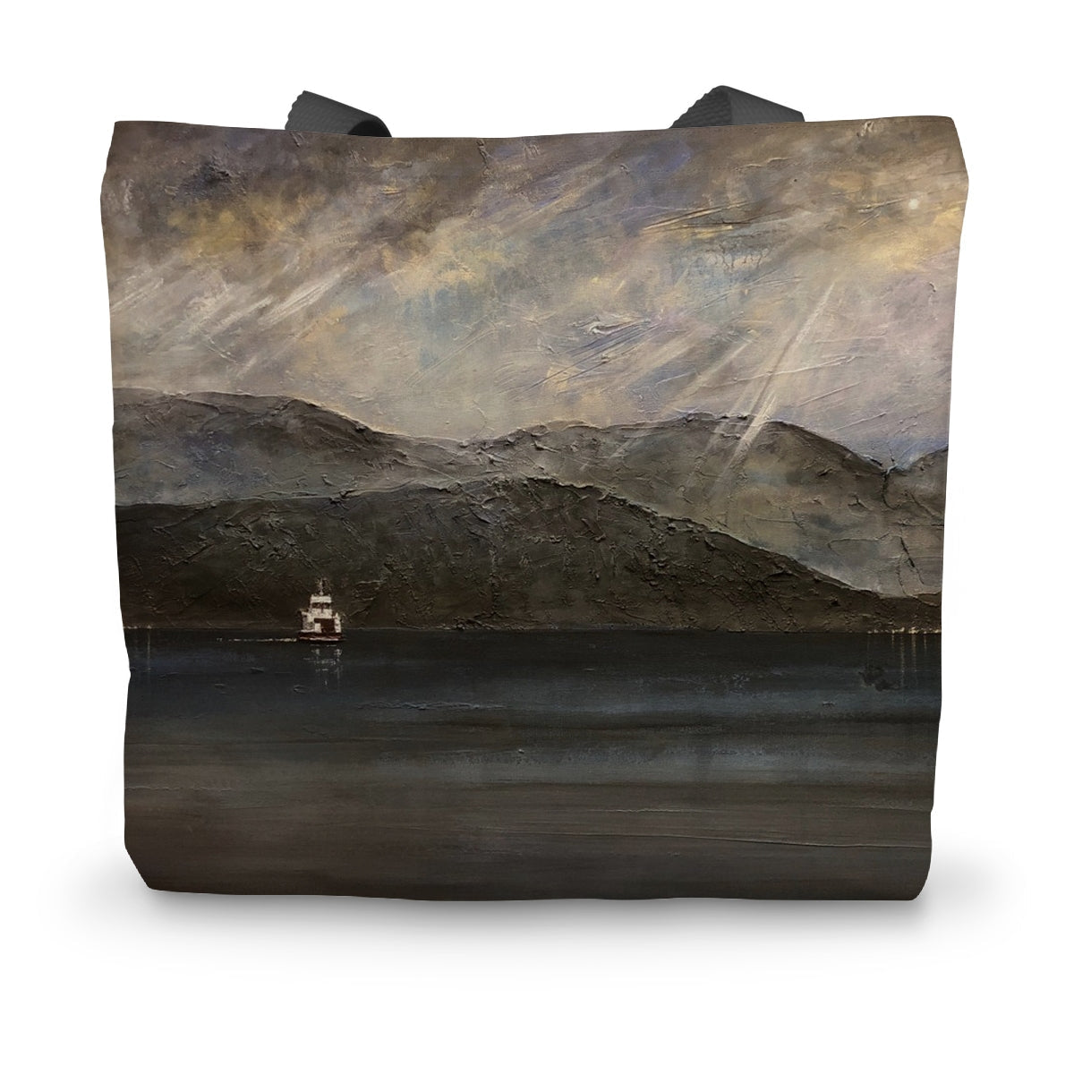 Lochranza Moonlit Ferry tote bag with mountain landscape in earth tones