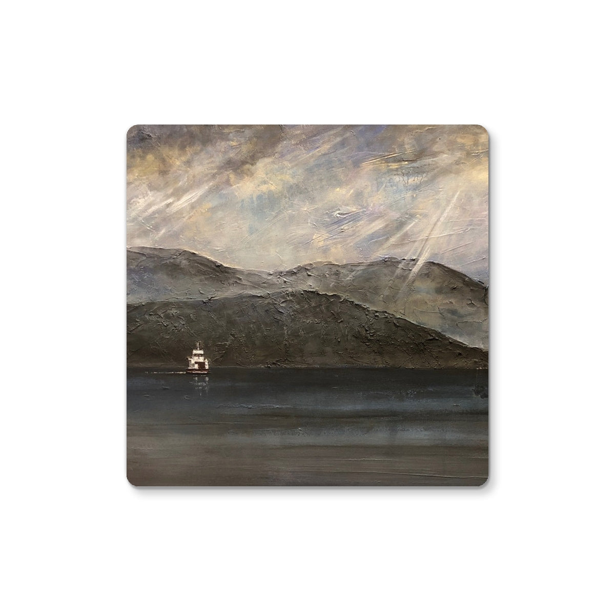 Brown and beige abstract mountain landscape with moonlit ferry boat on water