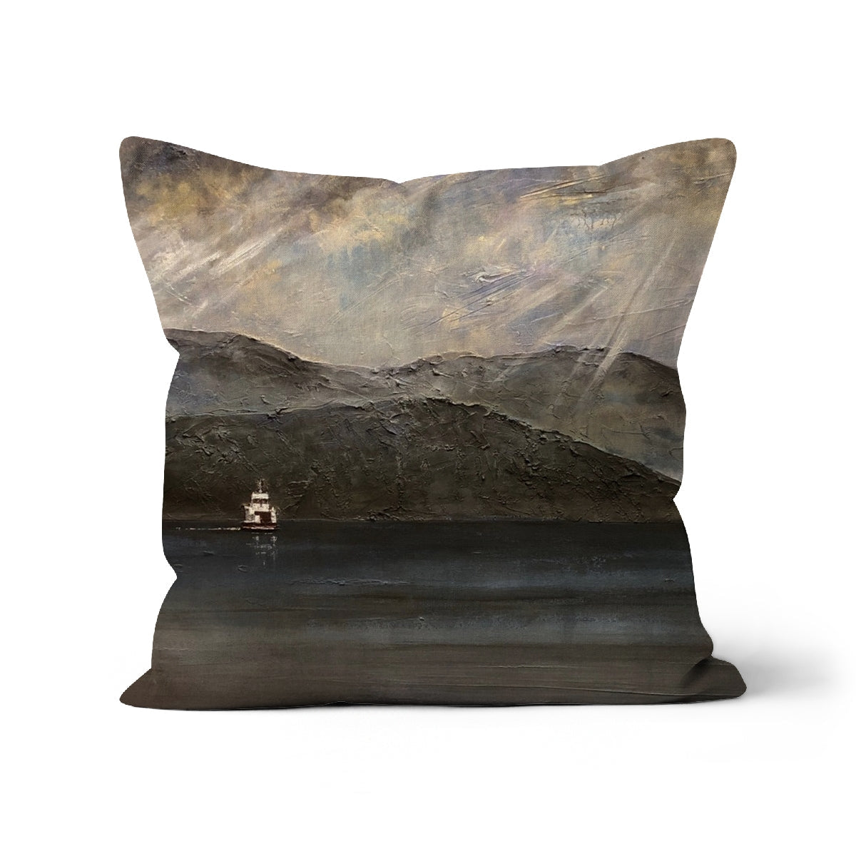 18x18 Lochranza Moonlit Ferry cushion with serene mountain lake print