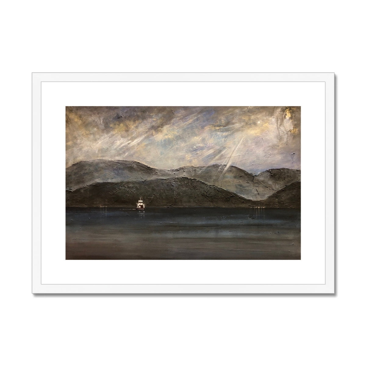 White framed Lochranza moonlit ferry abstract mountain landscape print