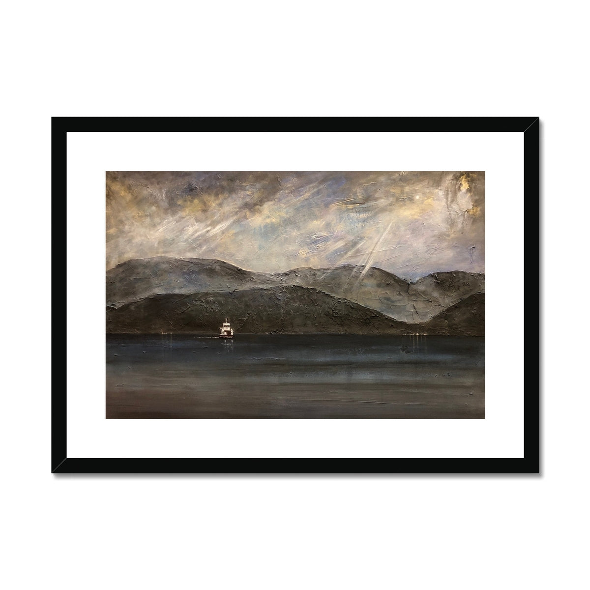 Lochranza Moonlit Ferry minimalist art print in black frame