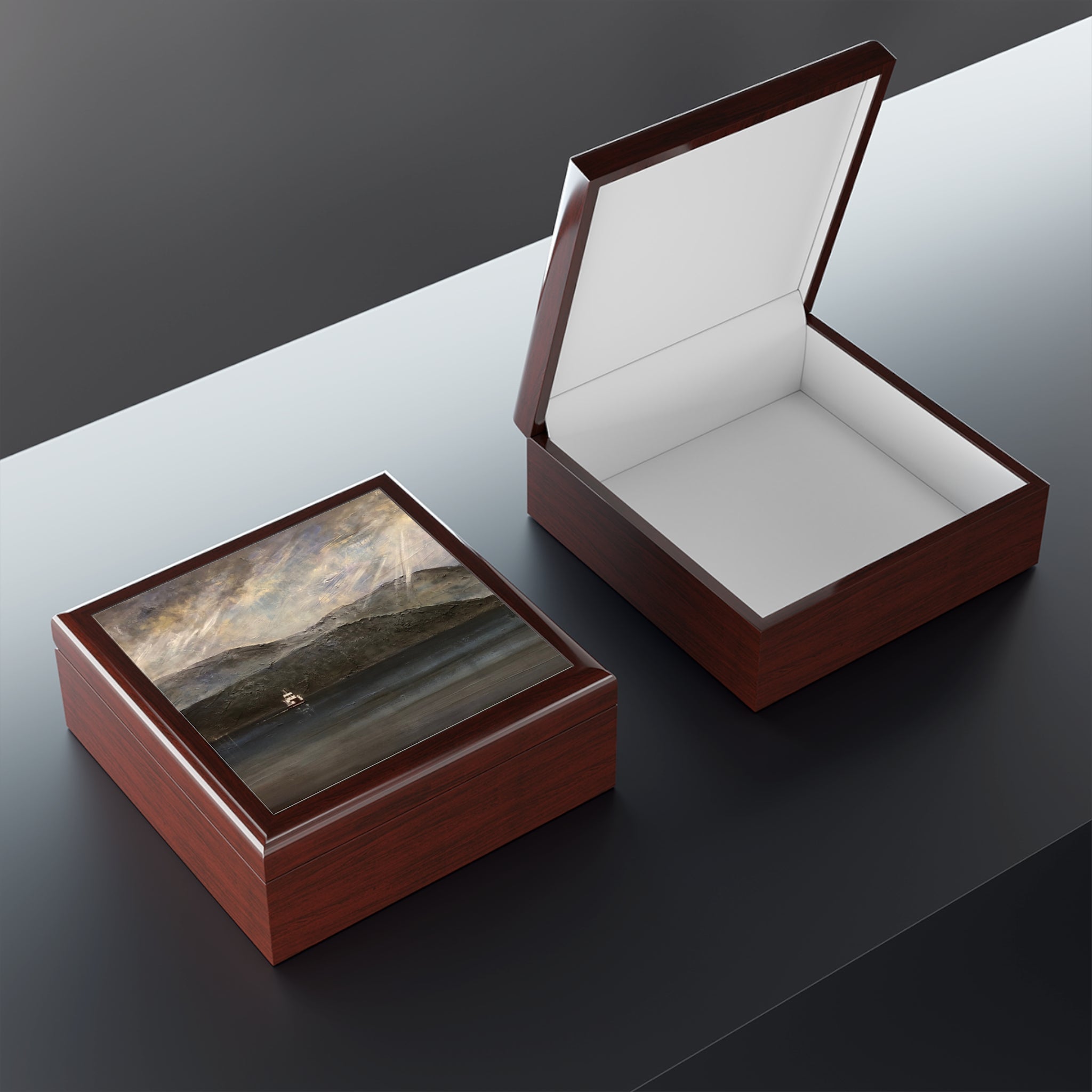 Lochranza Moonlit Ferry jewelry box with glossy wooden finish and scenic lid
