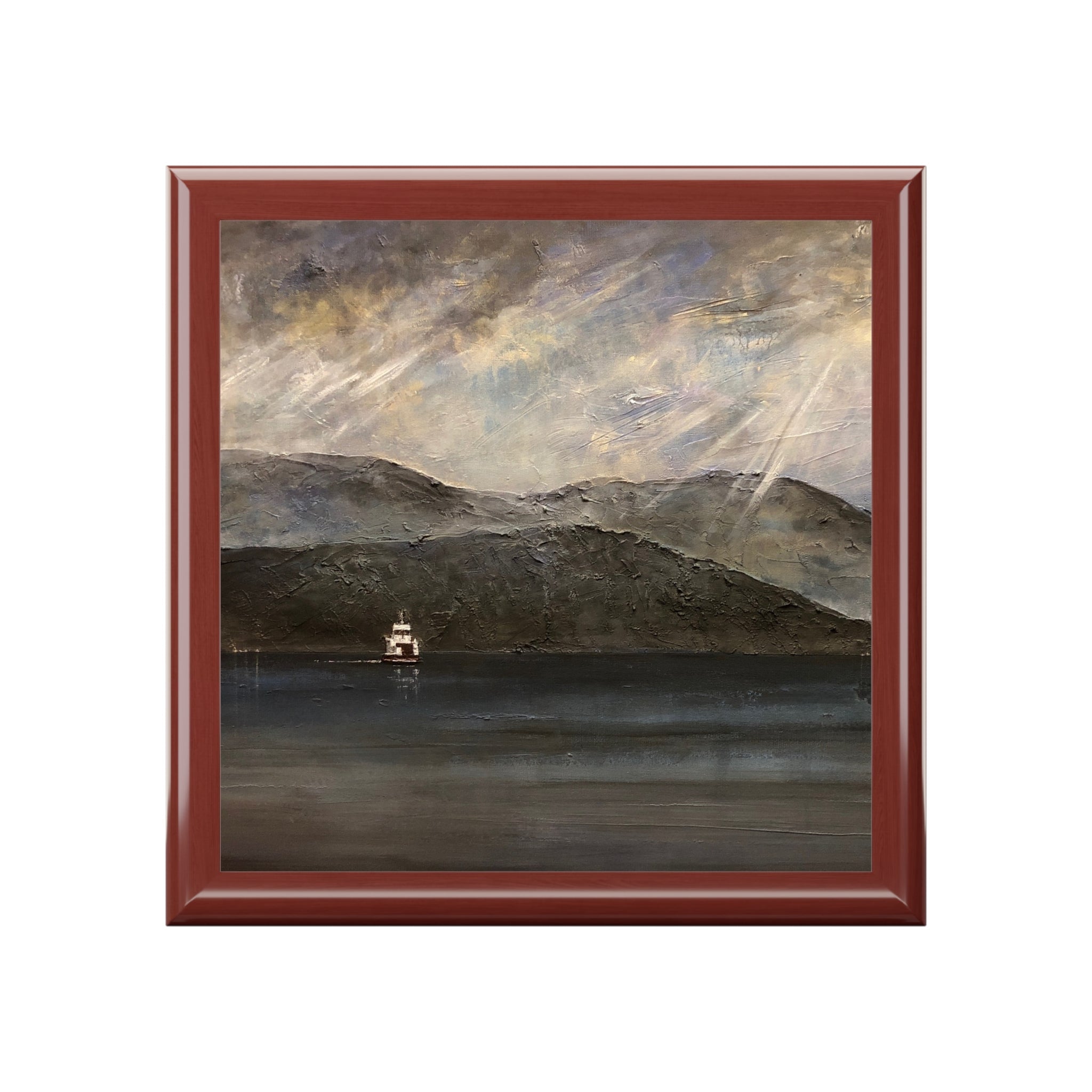 Lochranza moonlit ferry impressionistic landscape in square-framed painting for Scotland jewellery box