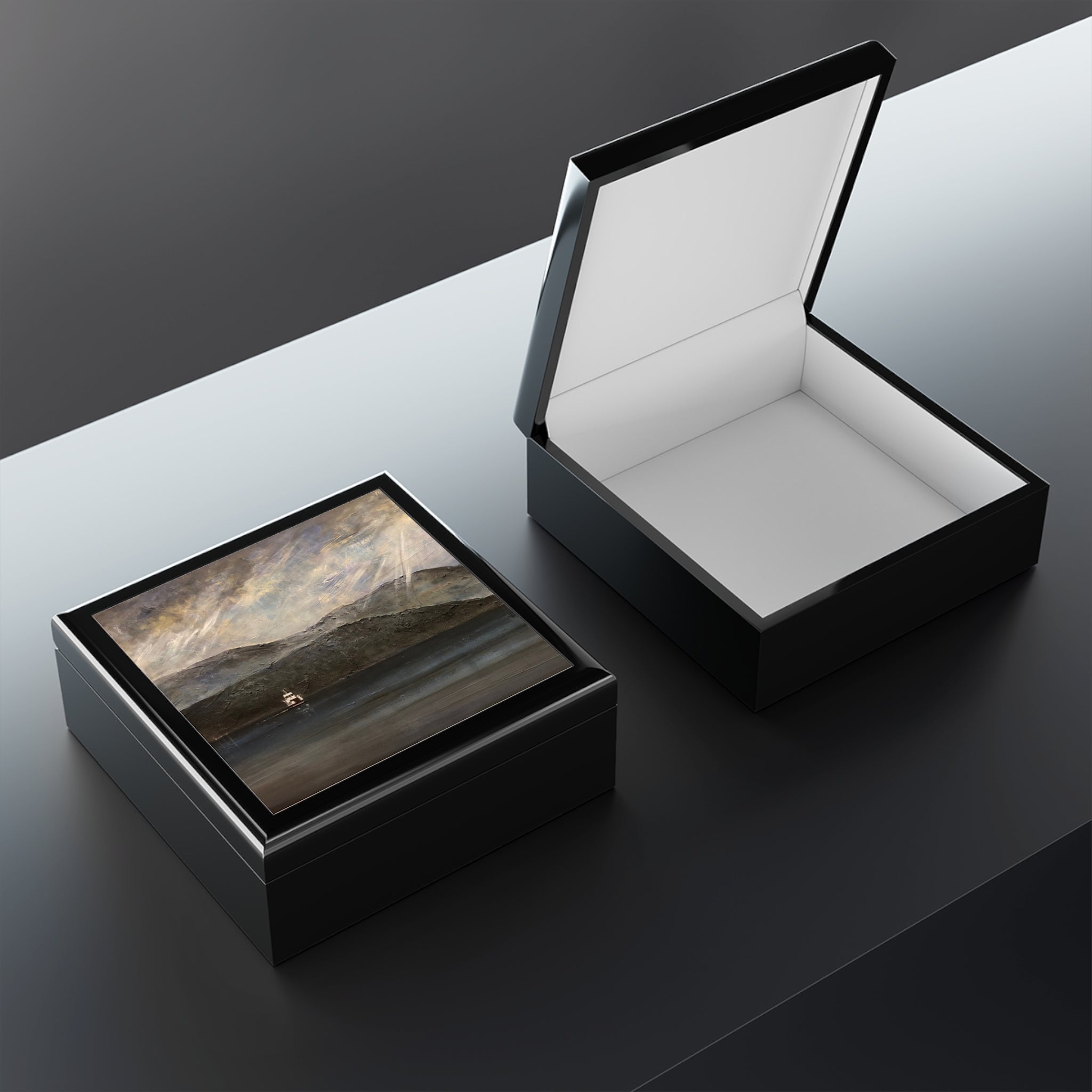 Glossy black Lochranza Moonlit Ferry jewelry box with landscape lid