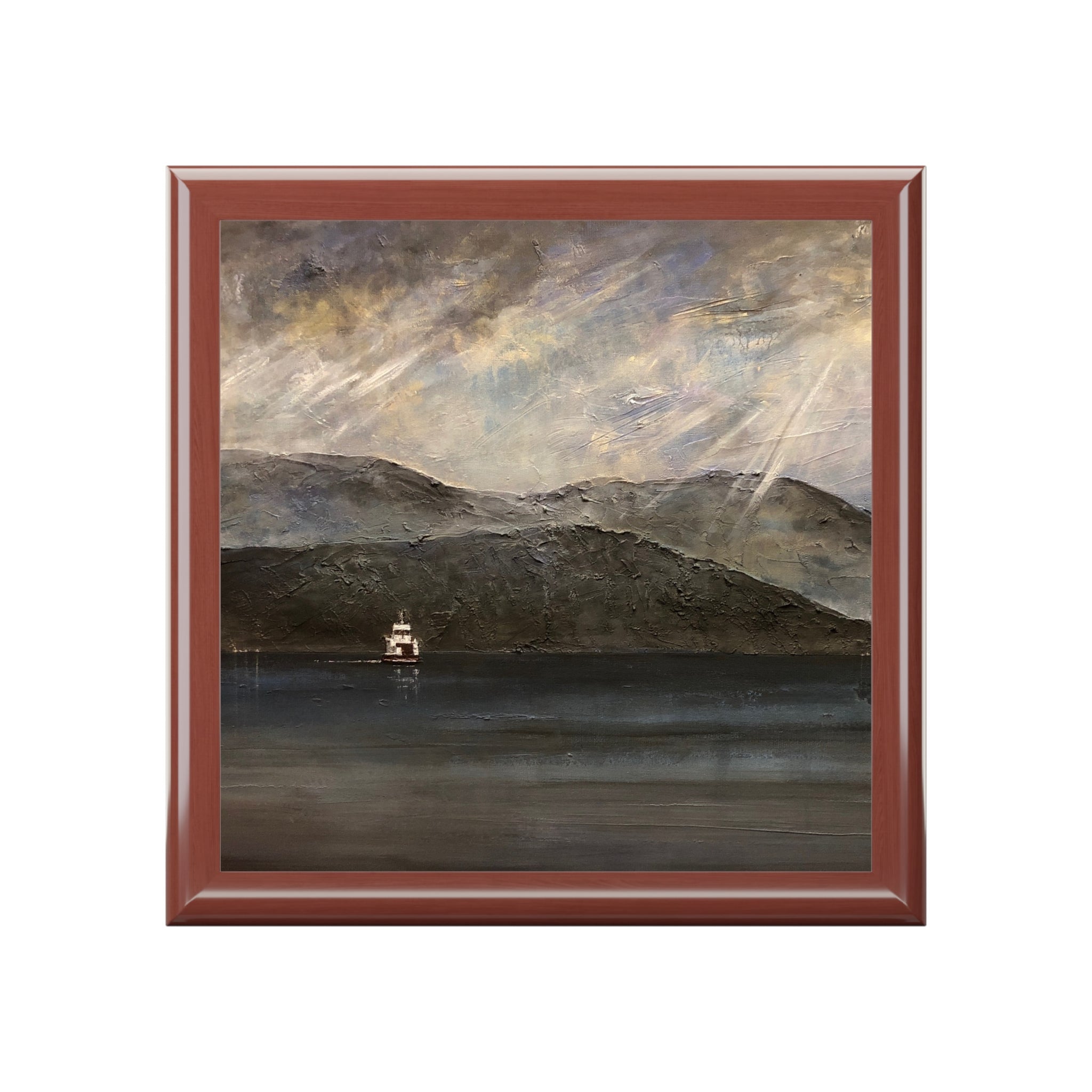 Lochranza Moonlit Ferry moody landscape painting in square frame