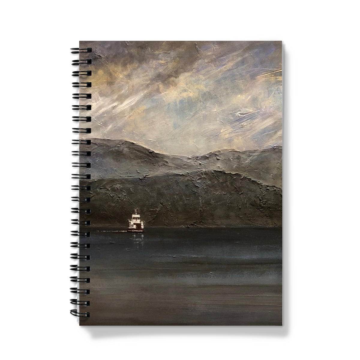 Lochranza Moonlit Ferry notebook with mountain and cloud cover