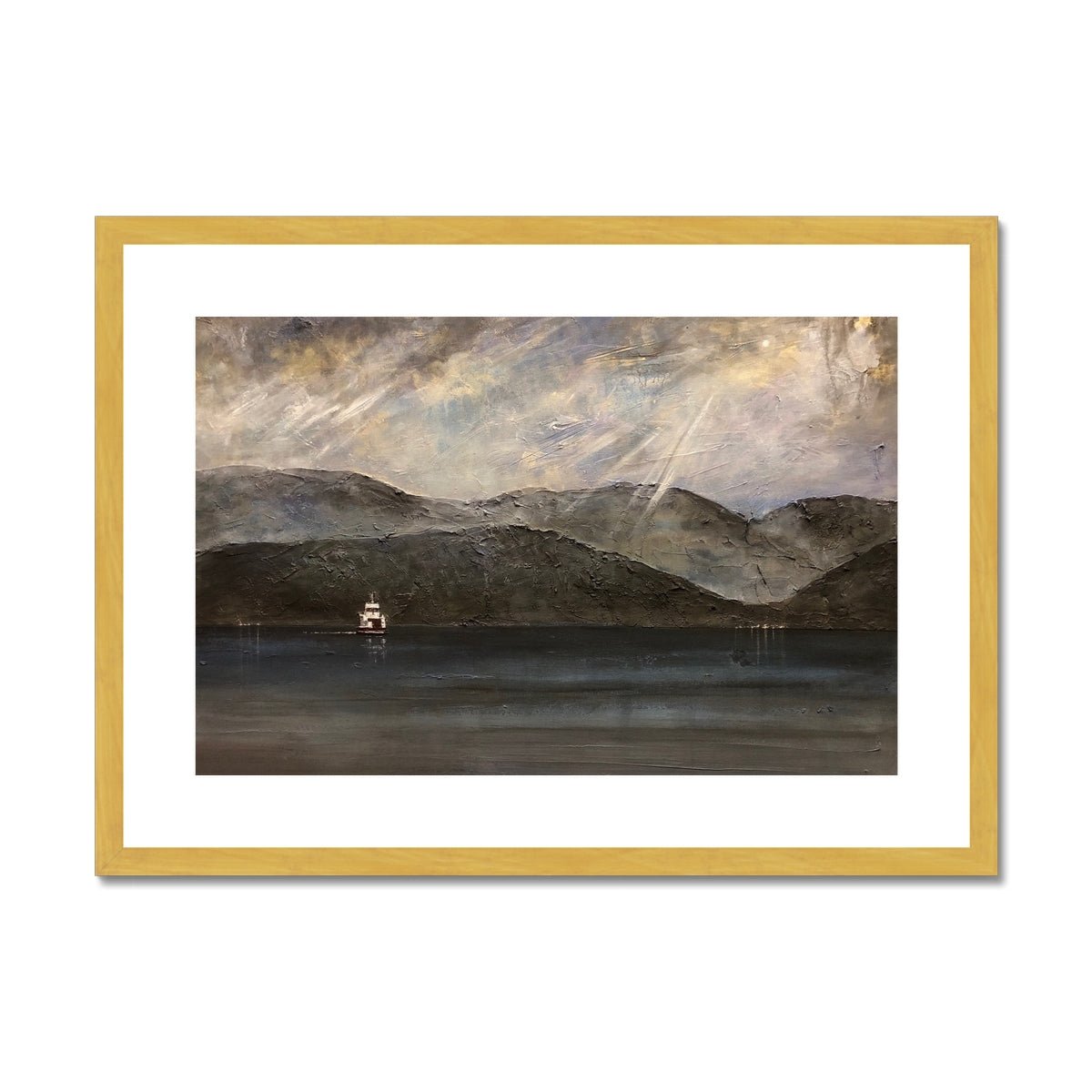 Lochranza Moonlit Ferry Painting | Antique Framed & Mounted Prints From Scotland-Antique Framed & Mounted Prints-Arran Art Gallery-A2 Landscape-Gold Frame-Paintings, Prints, Homeware, Art Gifts From Scotland By Scottish Artist Kevin Hunter