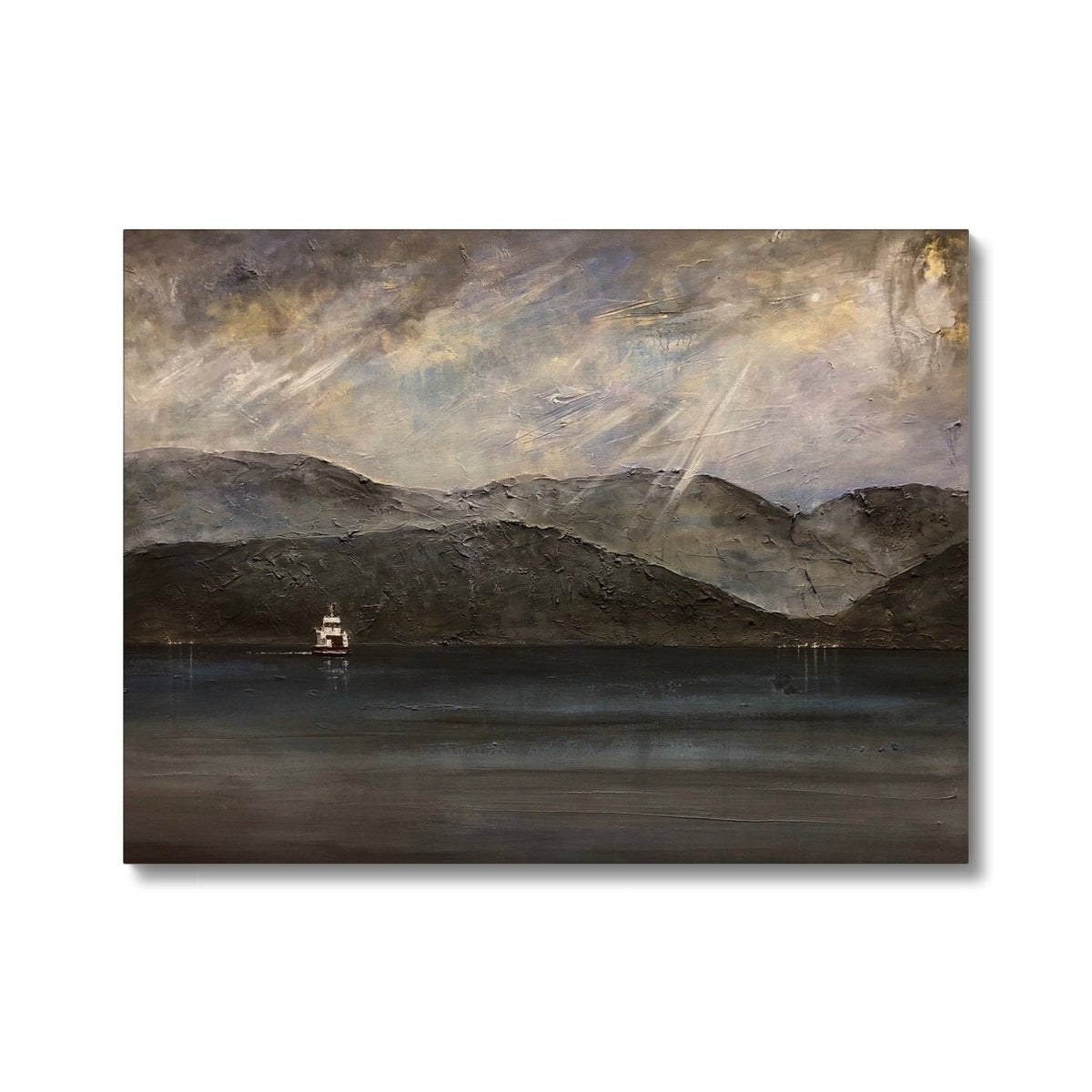 Lochranza Moonlit Ferry Painting | Canvas From Scotland-Contemporary Stretched Canvas Prints-Arran Art Gallery-24"x18"-Paintings, Prints, Homeware, Art Gifts From Scotland By Scottish Artist Kevin Hunter
