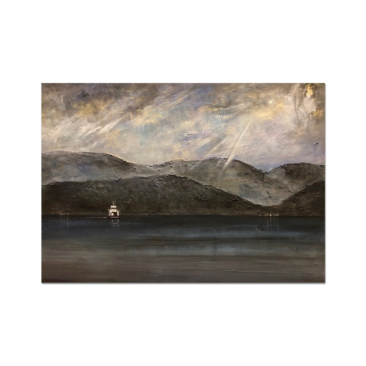 Lochranza Moonlit Ferry Painting | Fine Art Prints From Scotland-Unframed Prints-Arran Art Gallery-A2 Landscape-Paintings, Prints, Homeware, Art Gifts From Scotland By Scottish Artist Kevin Hunter