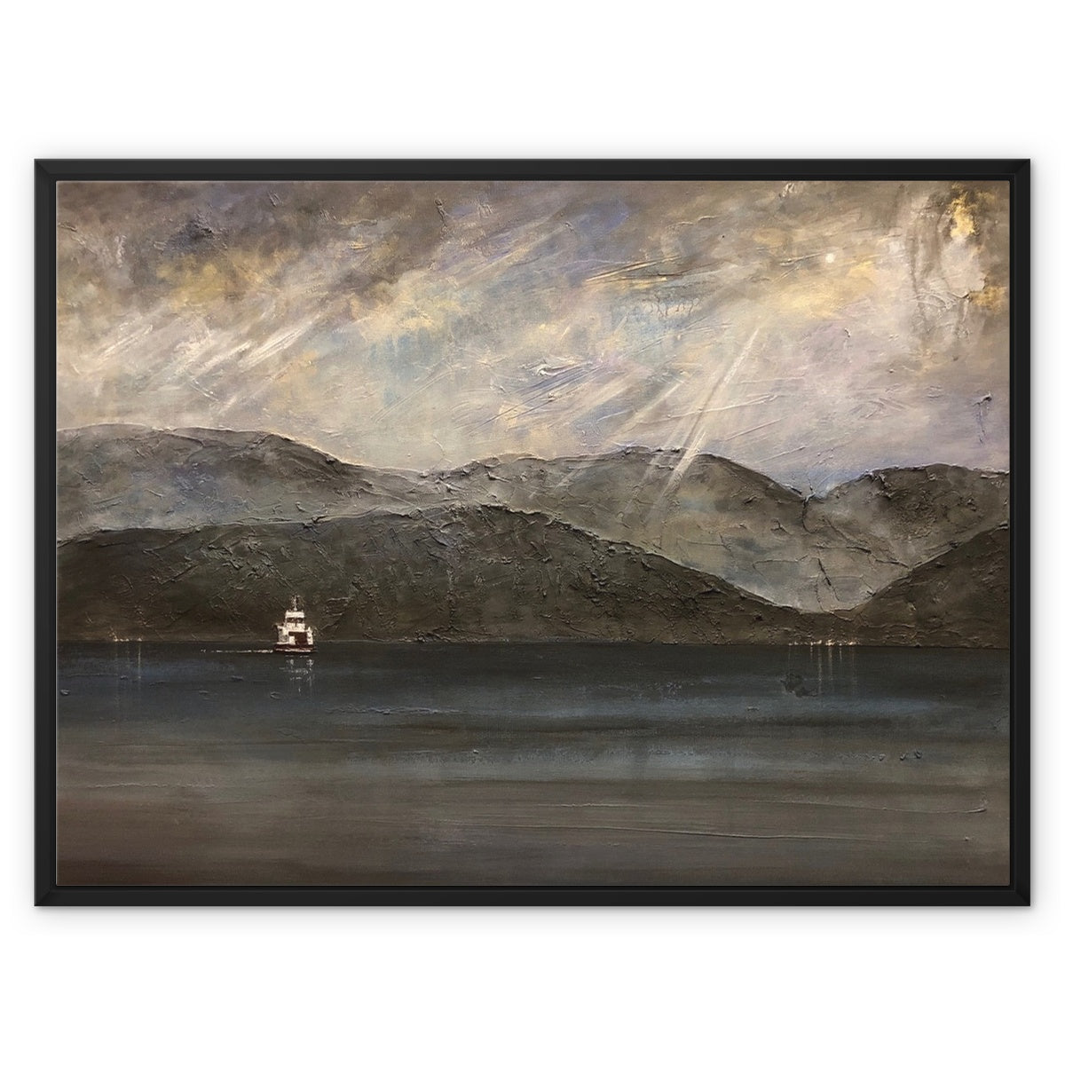 Lochranza Moonlit Ferry Painting | Framed Canvas From Scotland-Floating Framed Canvas Prints-Arran Art Gallery-32"x24"-Black Frame-Paintings, Prints, Homeware, Art Gifts From Scotland By Scottish Artist Kevin Hunter