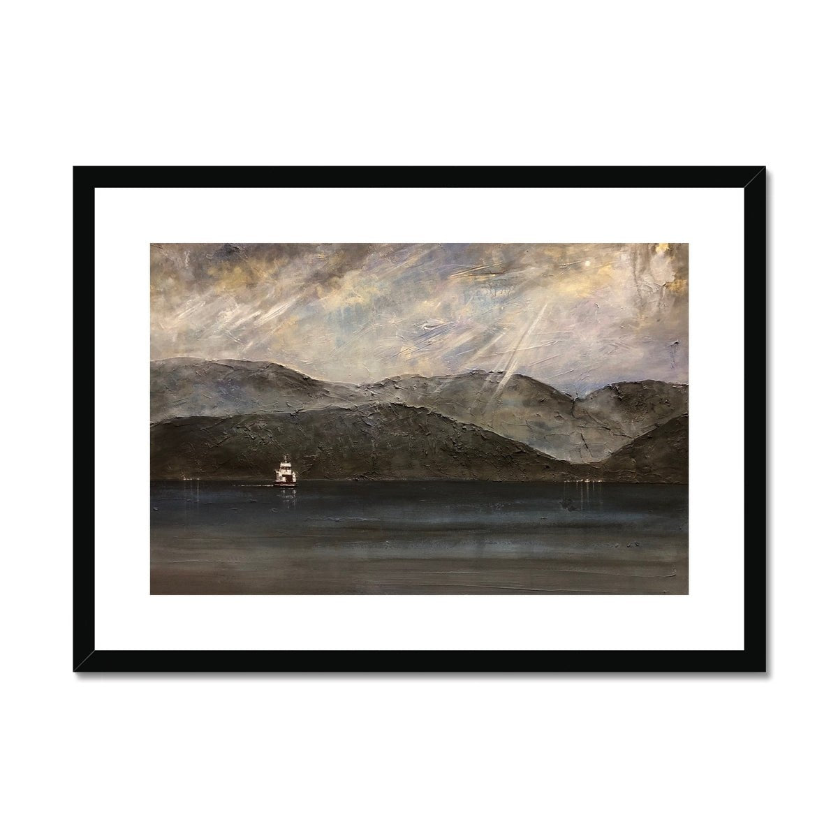 Lochranza Moonlit Ferry Painting | Framed & Mounted Prints From Scotland-Framed & Mounted Prints-Arran Art Gallery-A2 Landscape-Black Frame-Paintings, Prints, Homeware, Art Gifts From Scotland By Scottish Artist Kevin Hunter