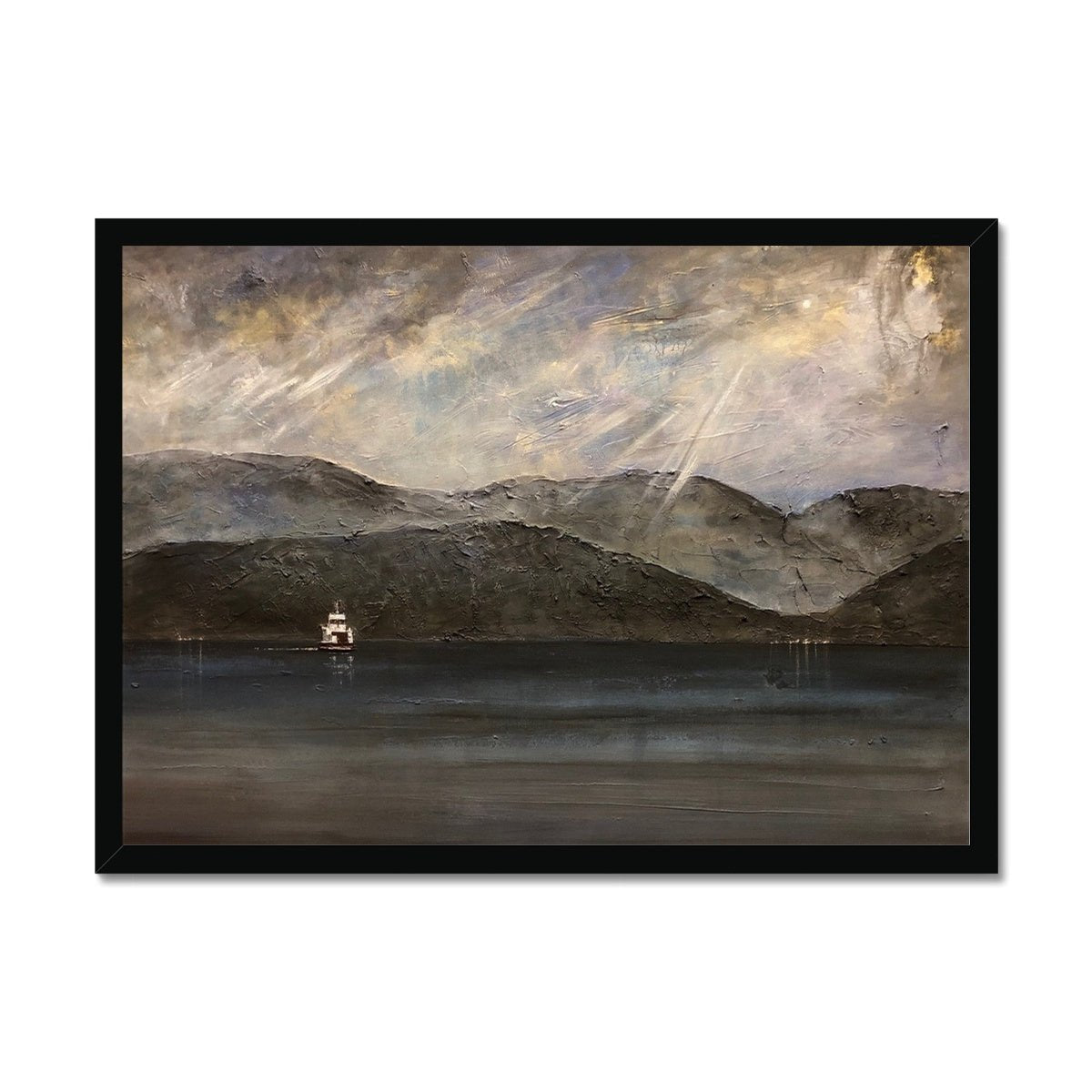 Lochranza Moonlit Ferry Painting | Framed Prints From Scotland-Framed Prints-Arran Art Gallery-A2 Landscape-Black Frame-Paintings, Prints, Homeware, Art Gifts From Scotland By Scottish Artist Kevin Hunter