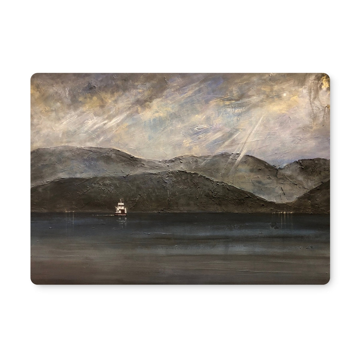 Gold and silver abstract mountain landscape mouse pad, Lochranza Moonlit Ferry design