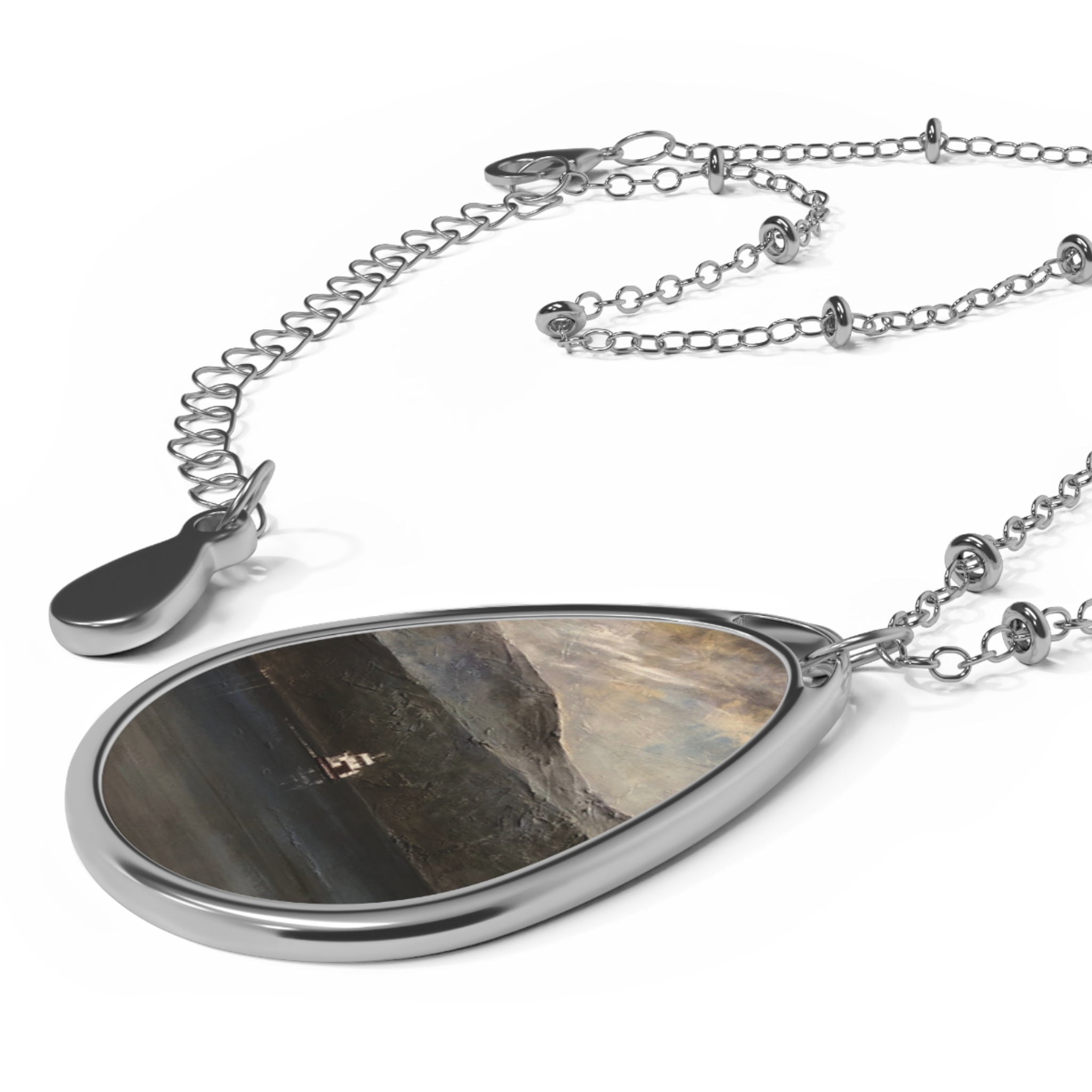 Silver teardrop pendant necklace with Lochranza moonlit ferry landscape