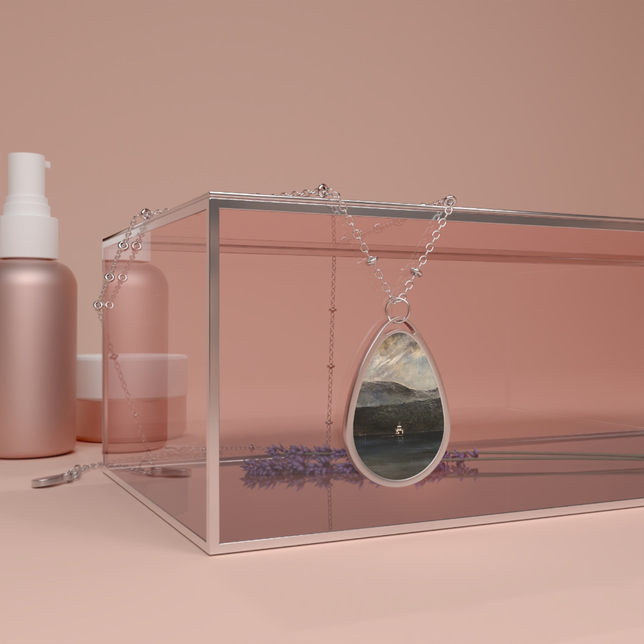 Silver teardrop pendant necklace with Lochranza Moonlit Ferry resin scene