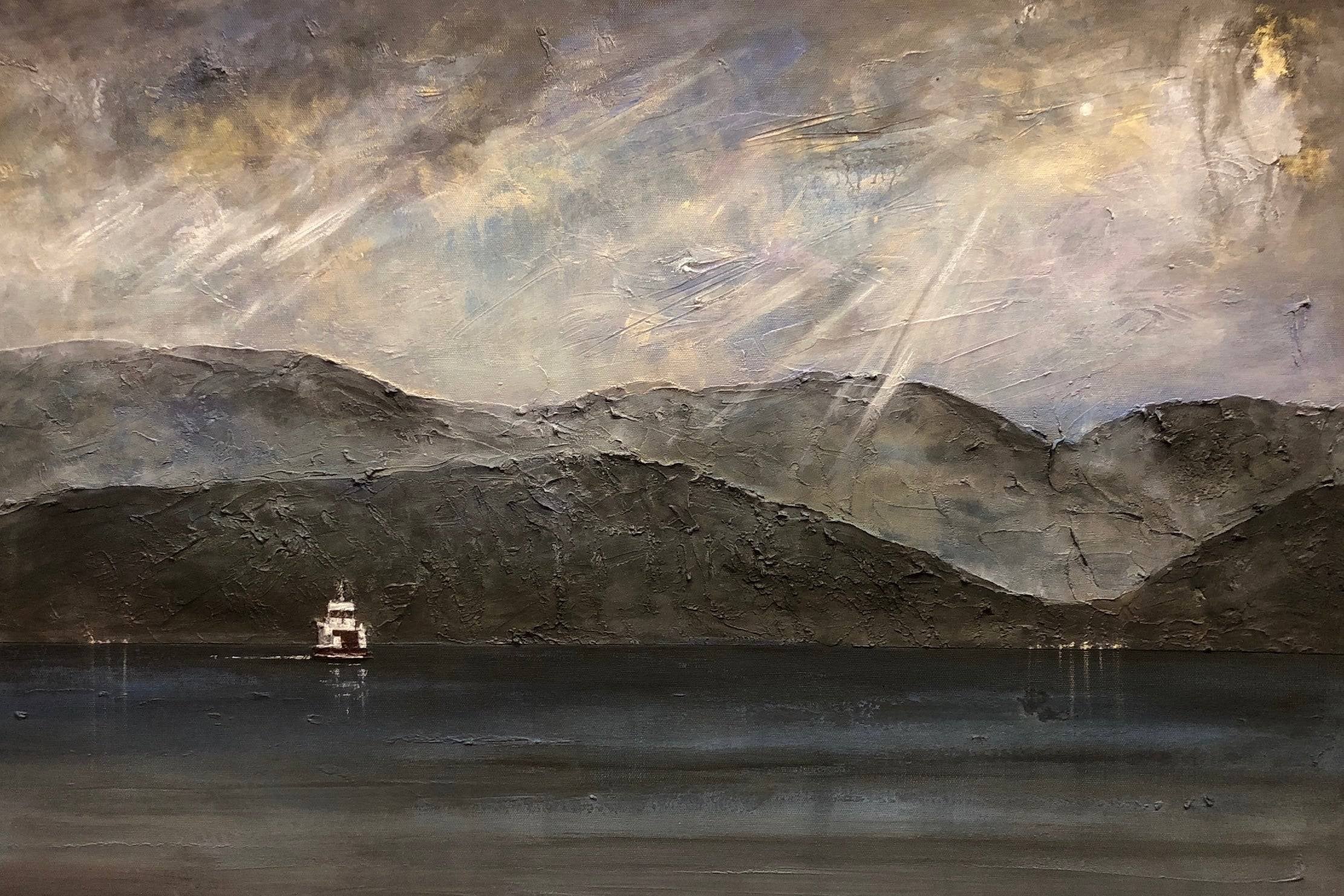 Textured painting of Lochranza Mountain Landscape with boat under dramatic sky for Scottish wall art