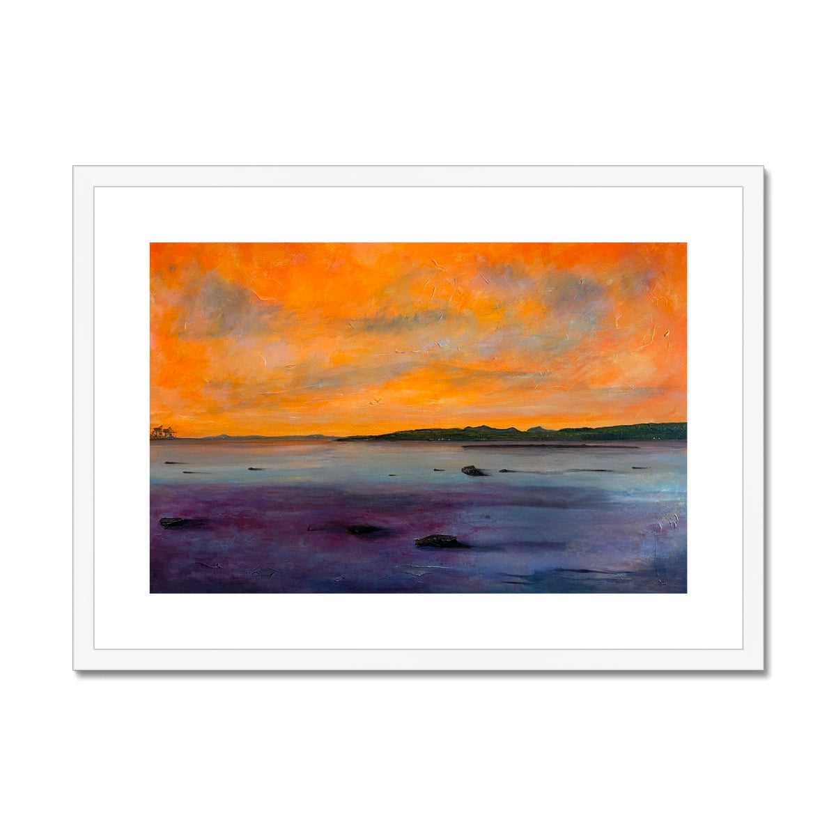 Orange sunset landscape painting in white frame, Looking From Largs Art Print