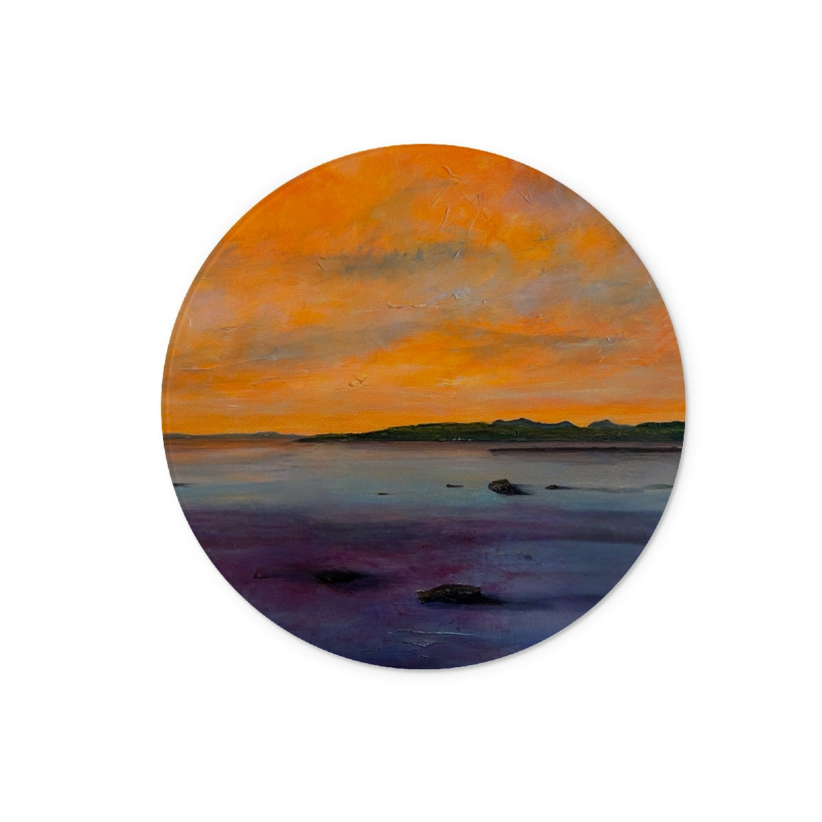 Orange sunset sticker with purple water on Looking From Largs chopping board