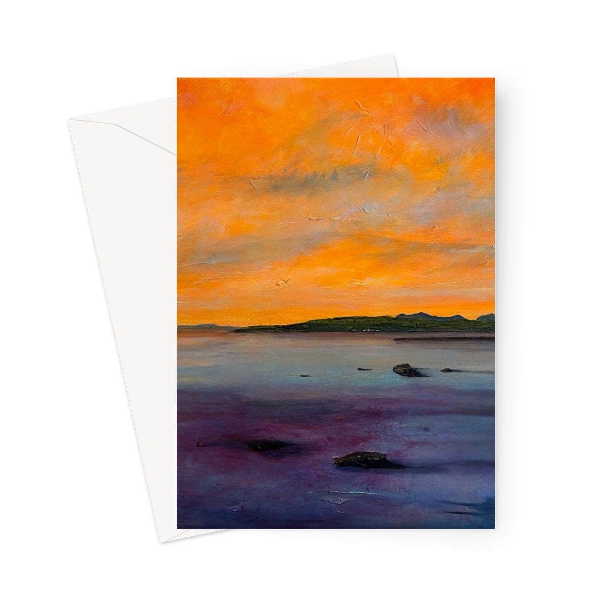 Orange purple sunset beach scene on textured Looking From Largs greeting card