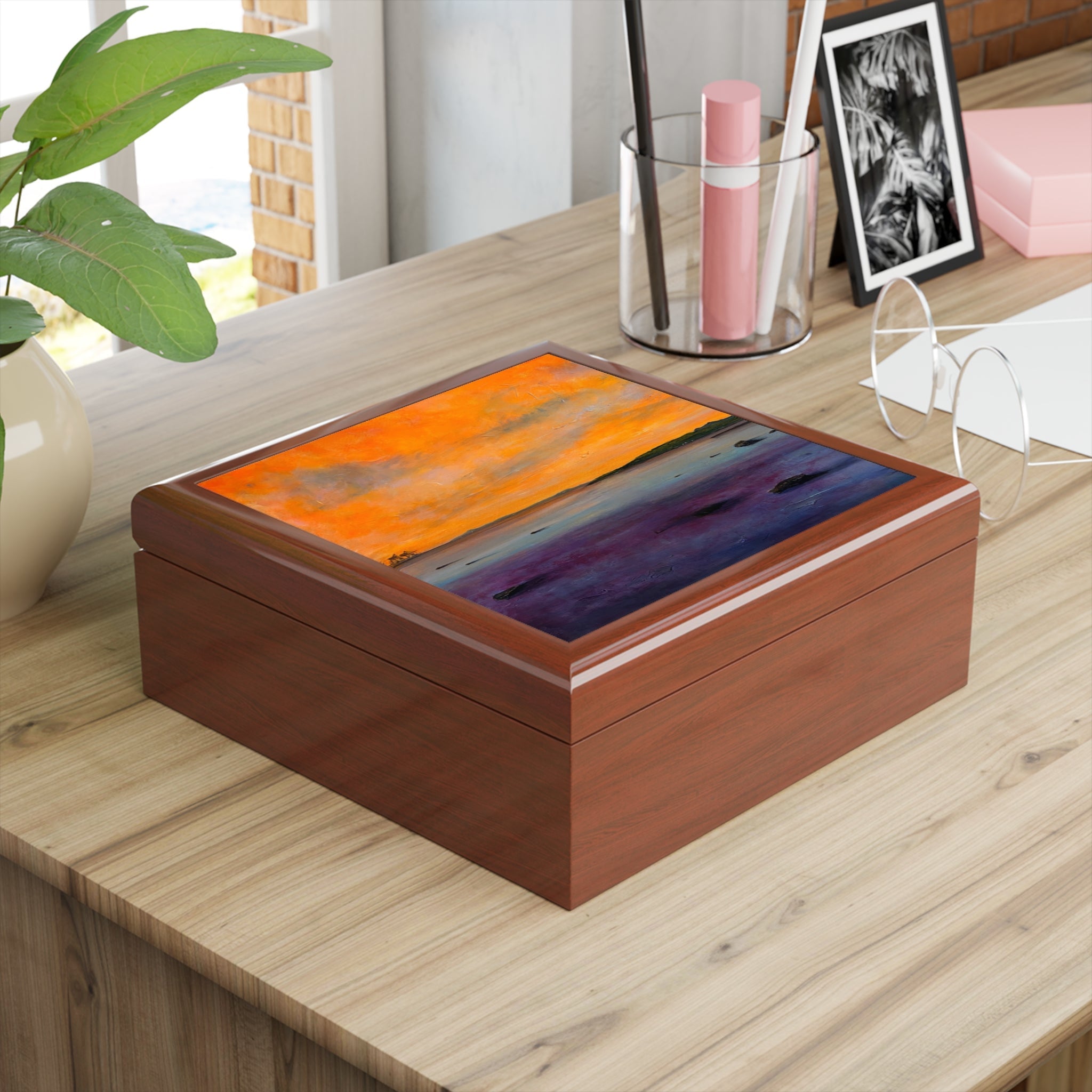 Jewellery box with Looking From Largs sunset painting on lid