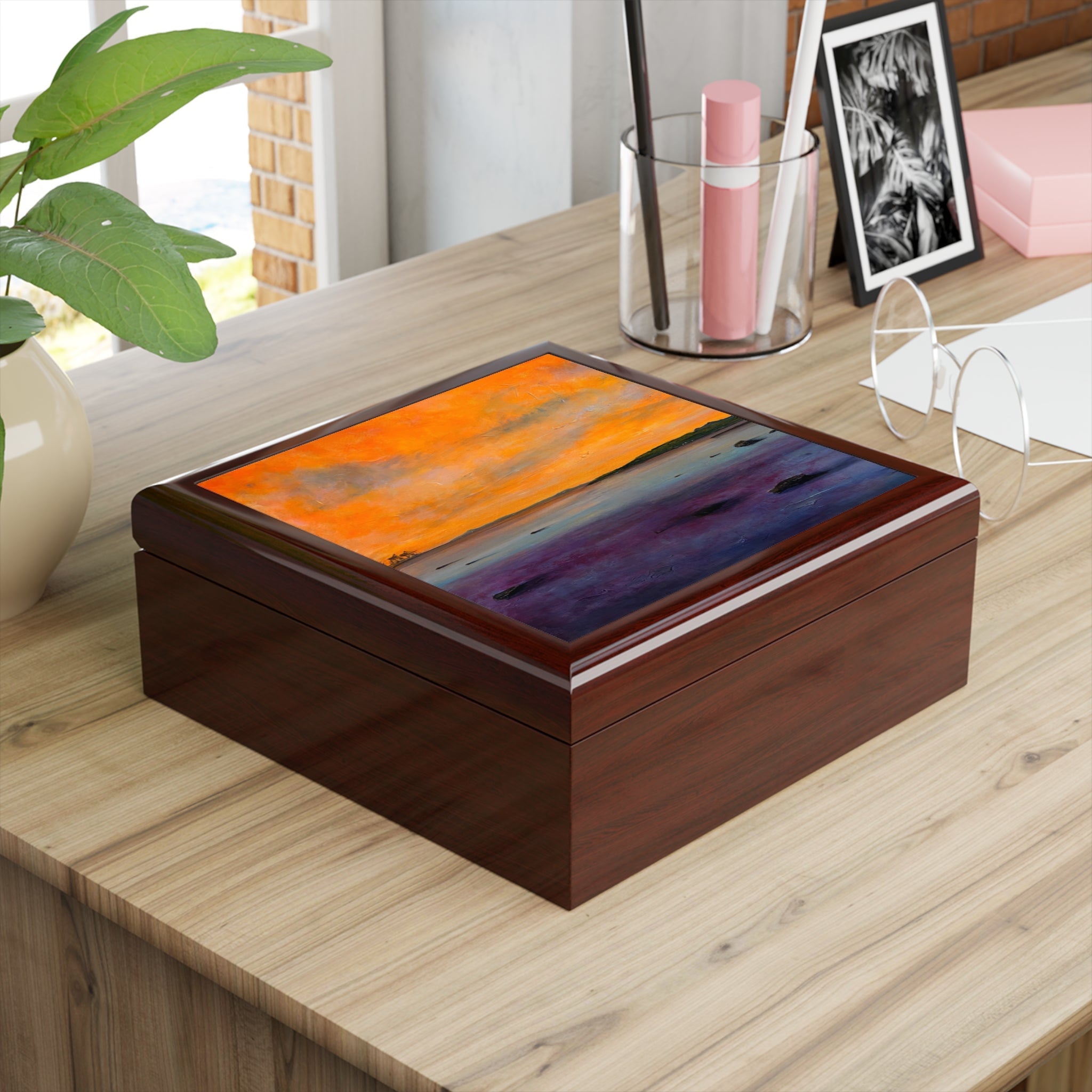 Dark brown wooden jewellery box with vibrant sunset landscape lid, Looking From Largs Scotland