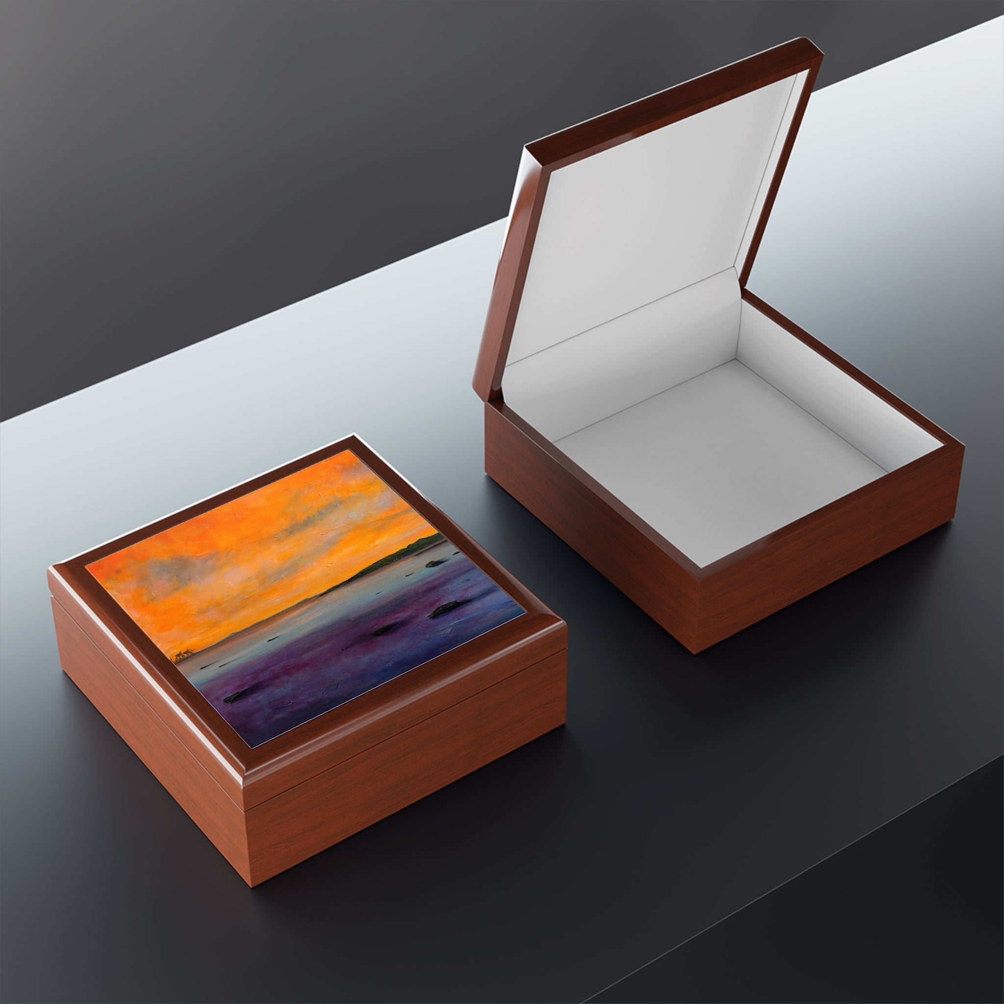 Brown wooden Looking From Largs jewellery box with vibrant sunset lid