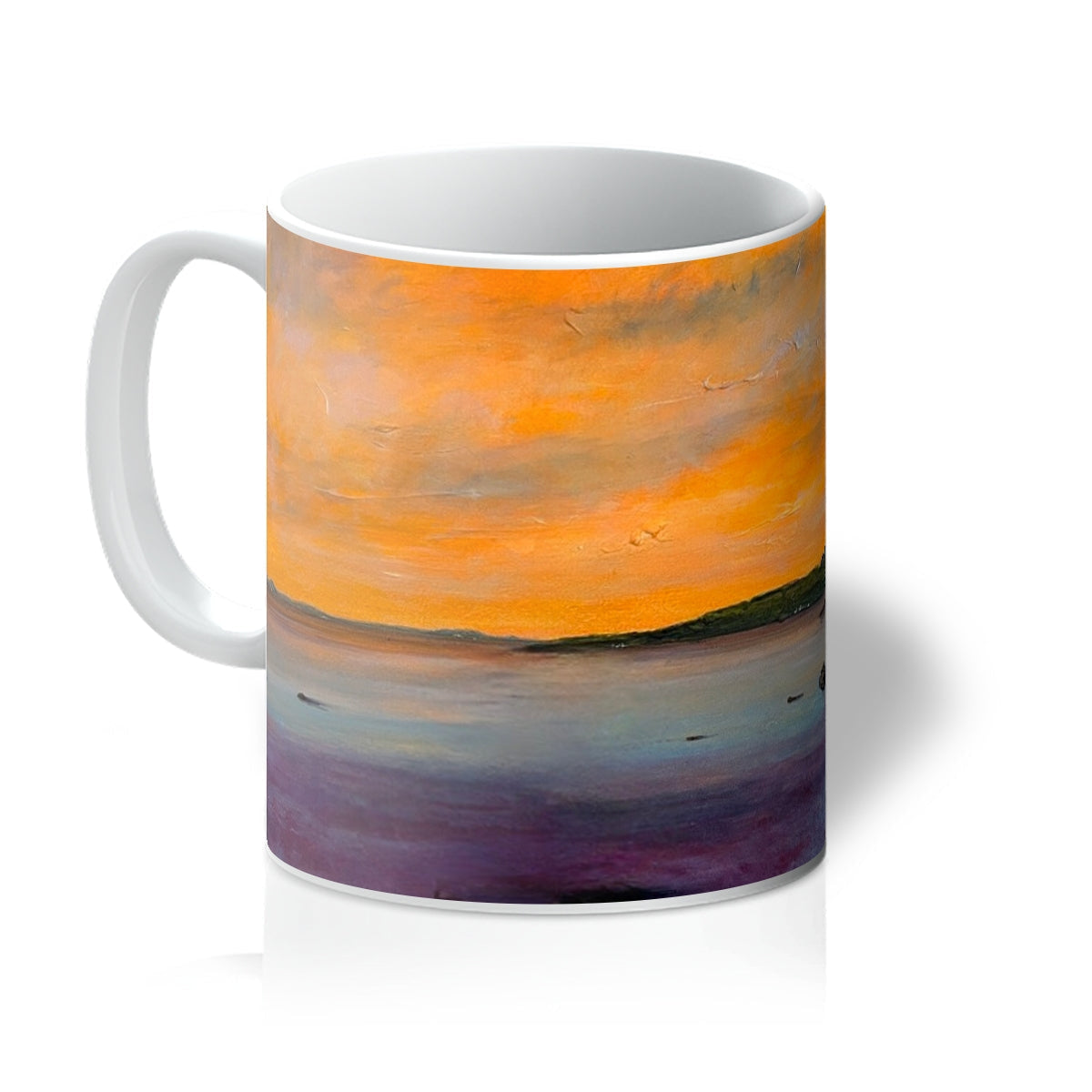 Looking From Largs ceramic mug with abstract sunset in orange and purple hues