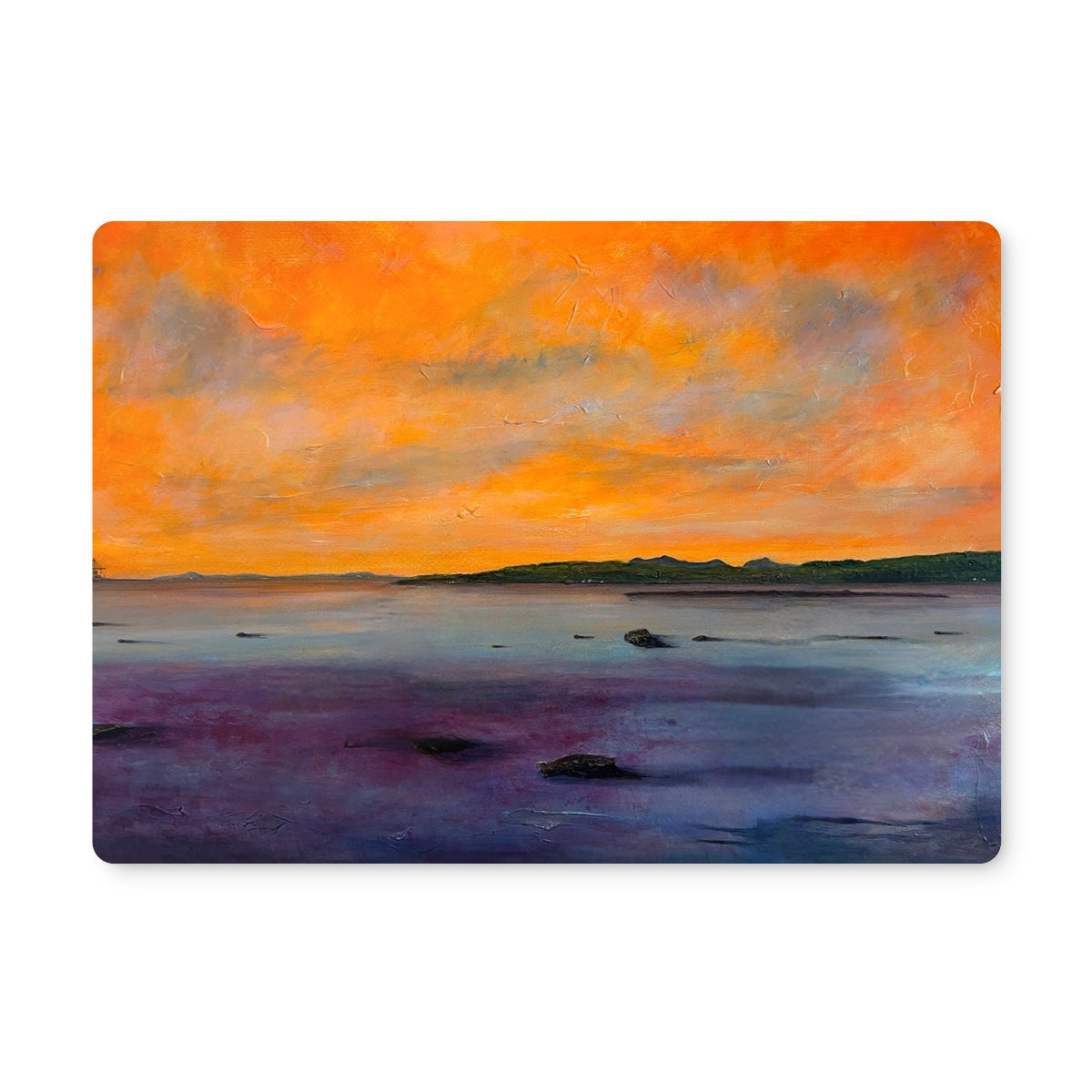 Orange sunset beach scene on Looking From Largs placemat coaster