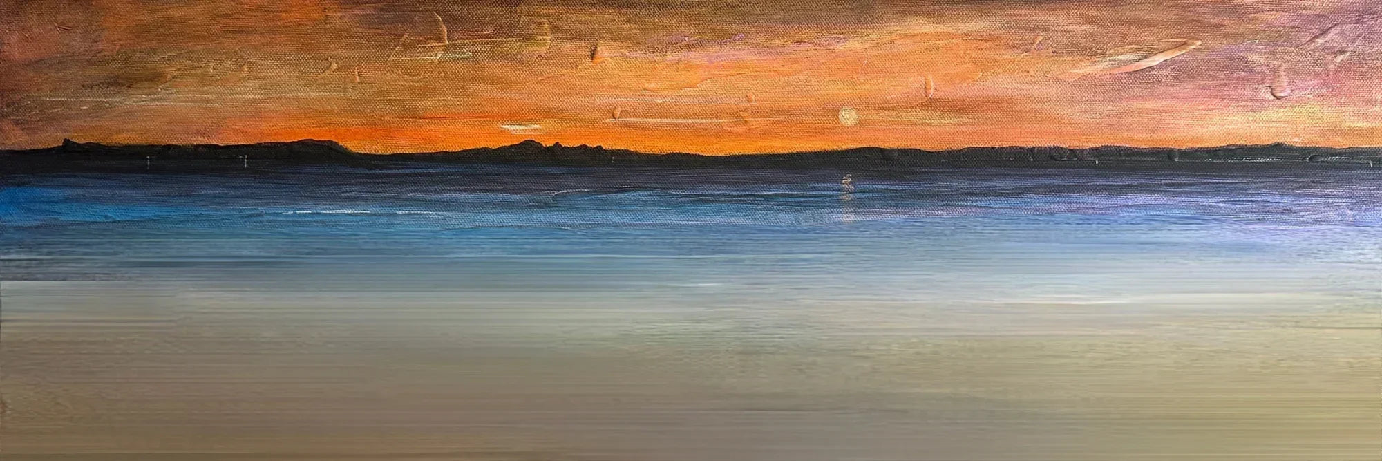 Looking From Mallaig panoramic beach painting in orange blue hues on textured canvas