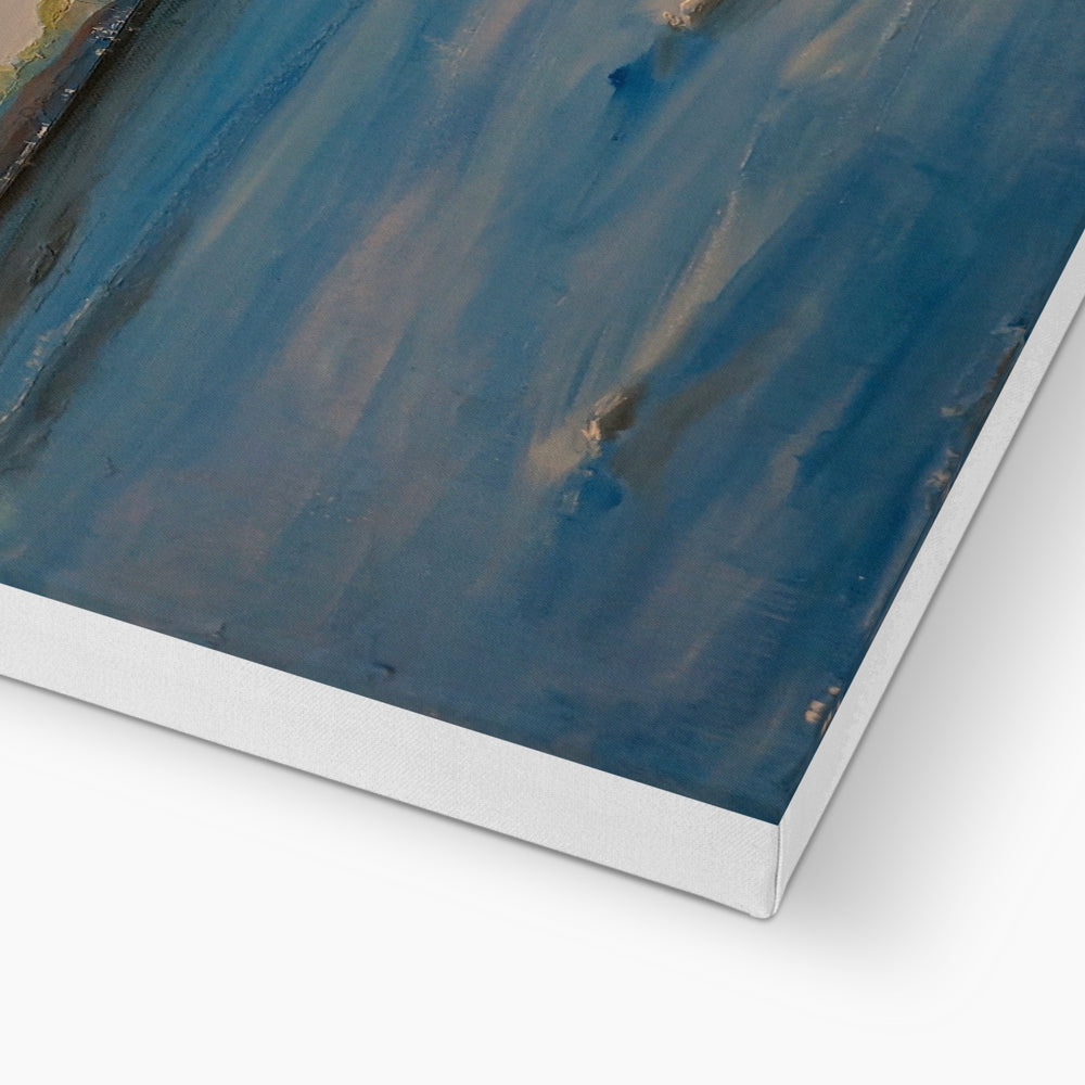 Blue abstract watercolor canvas print Looking From Skelmorlie in white frame