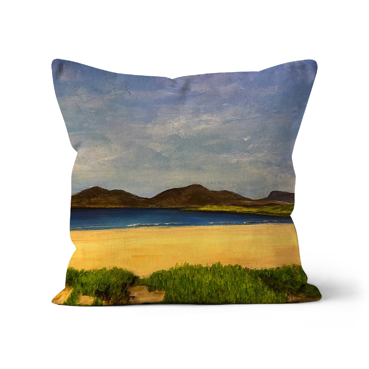 Luskentyre Beach Harris cushion with sand, grass, and mountains in earthy tones