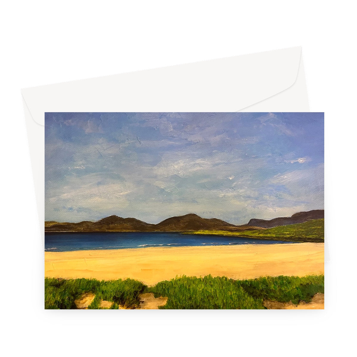 Luskentyre Beach Harris greeting card with sandy shore, green grass, and distant mountains