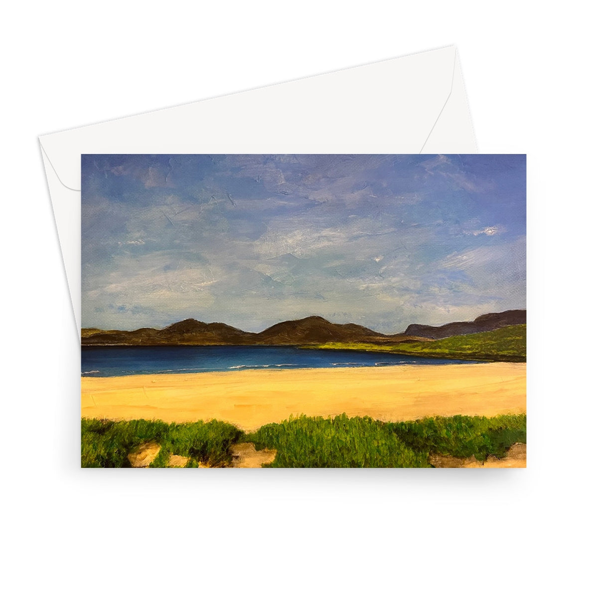 Luskentyre Beach Harris greeting card with sand, grass, sky, mountains