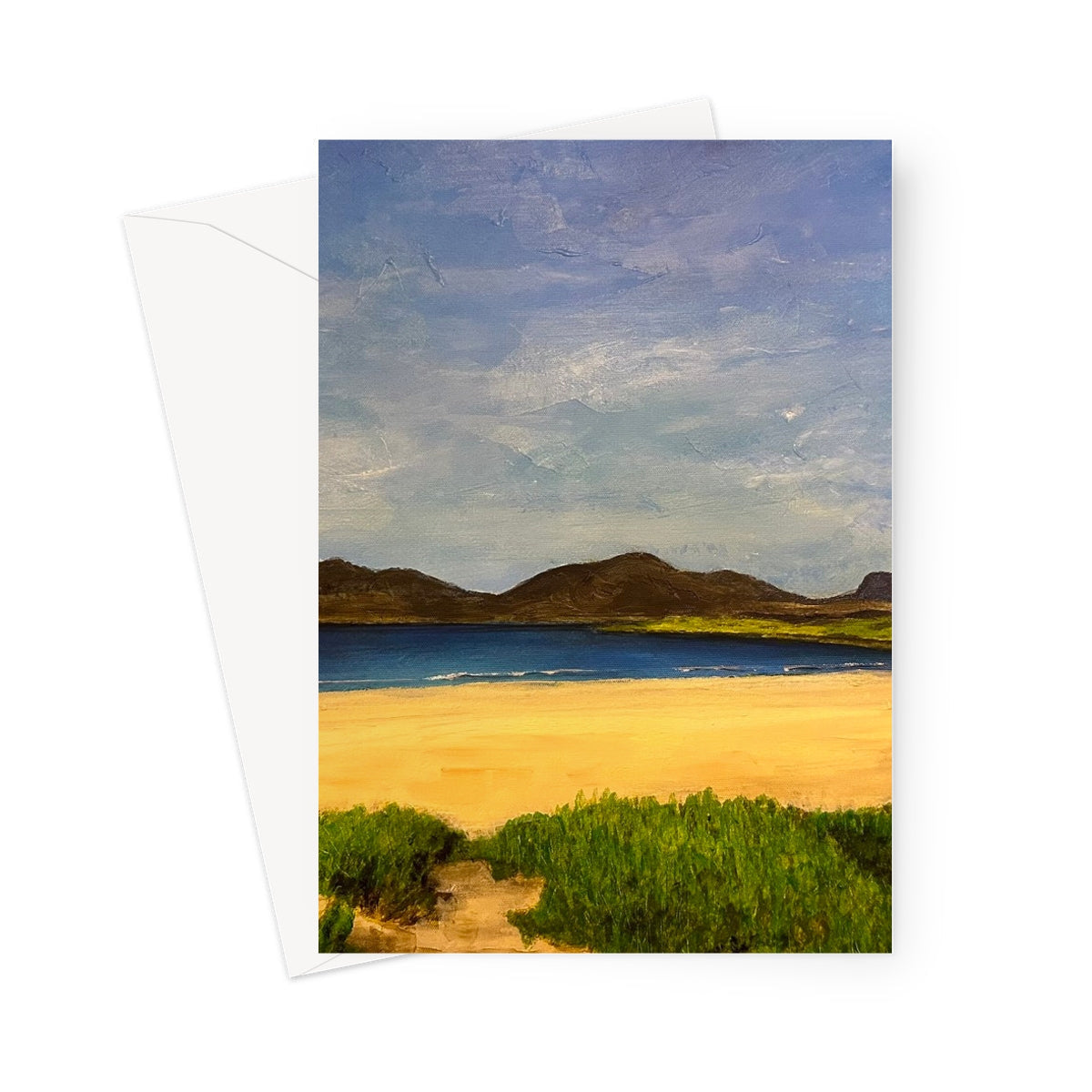 Luskentyre Beach Harris greeting card with sandy shore, shrubs, mountains