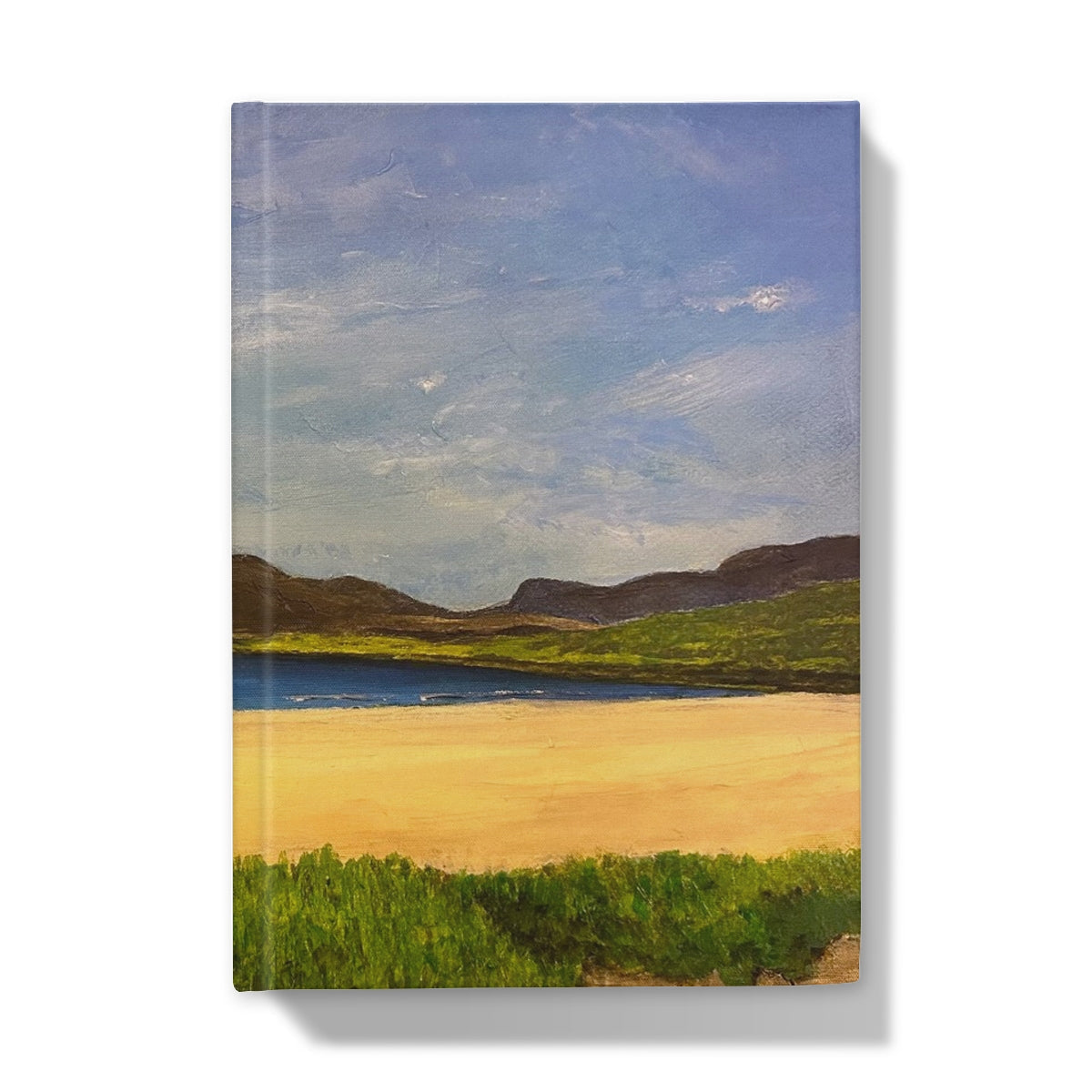 Luskentyre Beach Harris journal with serene canvas print of green grass, blue sky, and water