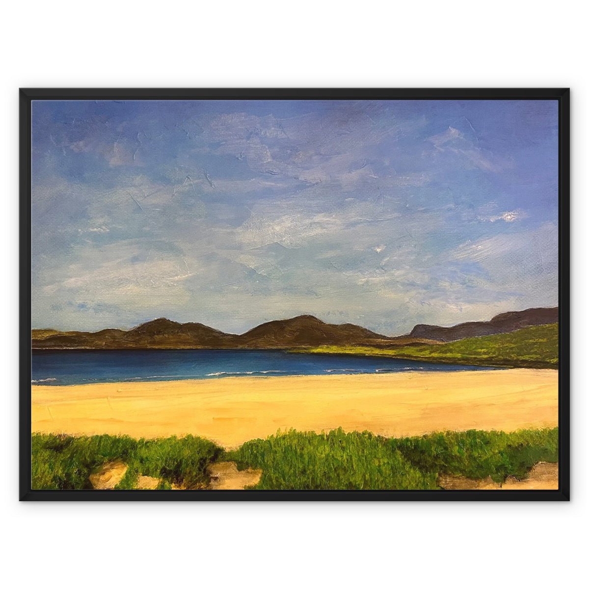 Luskentyre Beach Harris Painting | Framed Canvas From Scotland-Floating Framed Canvas Prints-Hebridean Islands Art Gallery-32"x24"-Black Frame-Paintings, Prints, Homeware, Art Gifts From Scotland By Scottish Artist Kevin Hunter