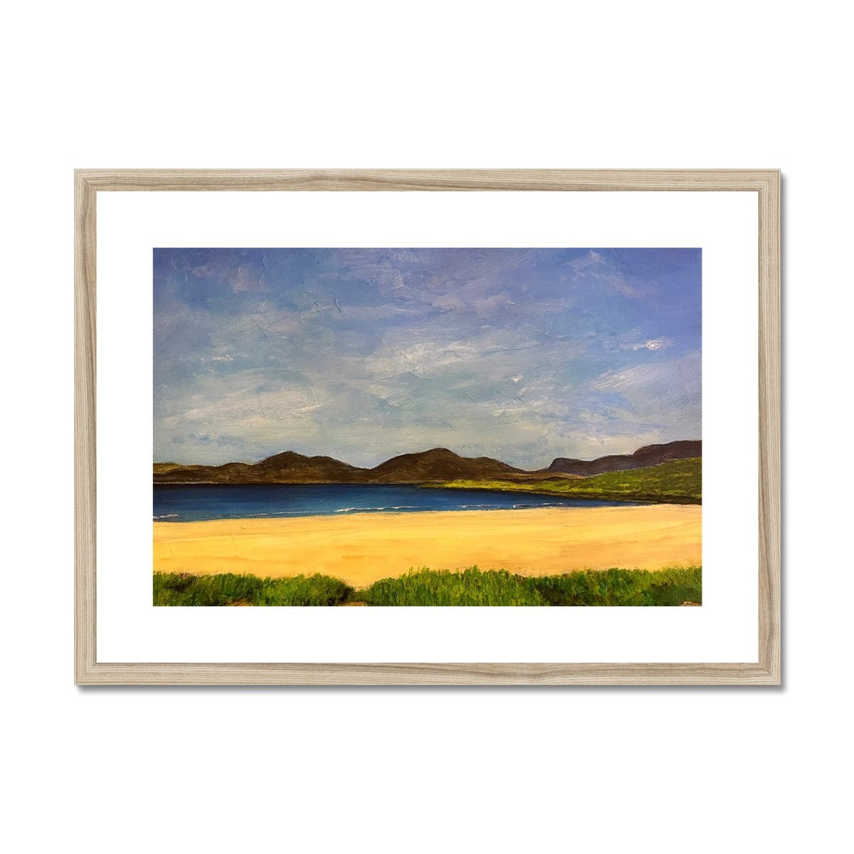 Luskentyre Beach Harris Painting | Framed & Mounted Prints From Scotland-Framed & Mounted Prints-Hebridean Islands Art Gallery-A2 Landscape-Natural Frame-Paintings, Prints, Homeware, Art Gifts From Scotland By Scottish Artist Kevin Hunter
