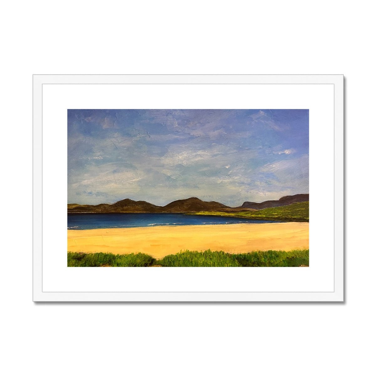 Luskentyre Beach Harris Painting | Framed & Mounted Prints From Scotland-Framed & Mounted Prints-Hebridean Islands Art Gallery-A2 Landscape-White Frame-Paintings, Prints, Homeware, Art Gifts From Scotland By Scottish Artist Kevin Hunter
