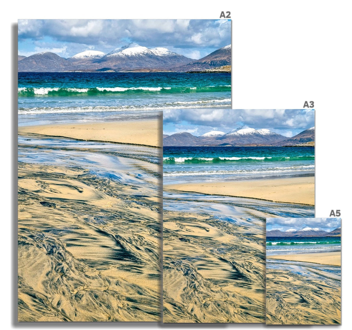 Luskentyre in Winter fine art prints: A2, A3, A5 canvas of turquoise waves on golden sand, snow-capped mountains under partly cloudy sky