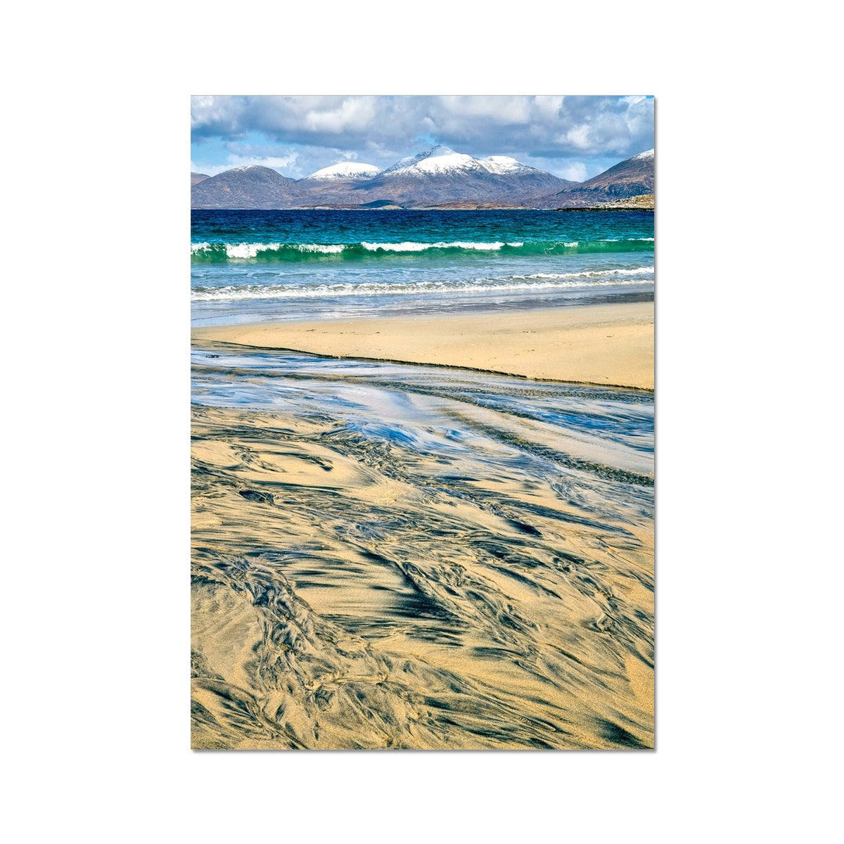 Luskentyre in Winter: turquoise waves, golden sand, snow-capped mountains
