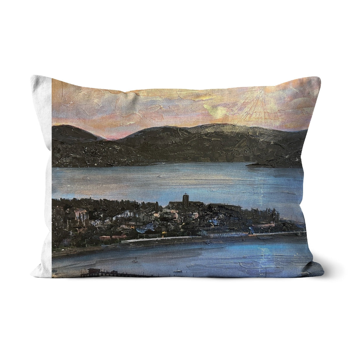 White From Lyle Hill Cushion with muted mountain and water landscape