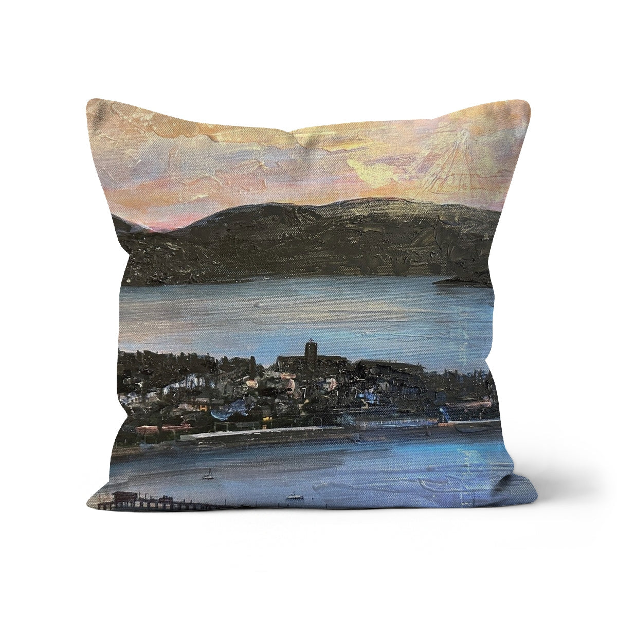 From Lyle Hill Cushion: Pastel Coastal Town and Sea Landscape Pillow