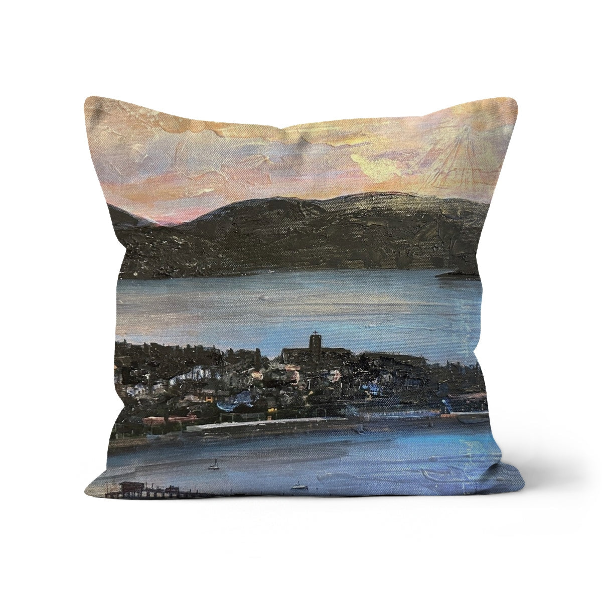From Lyle Hill Cushion: Scenic mountains and water pillow in earth tones