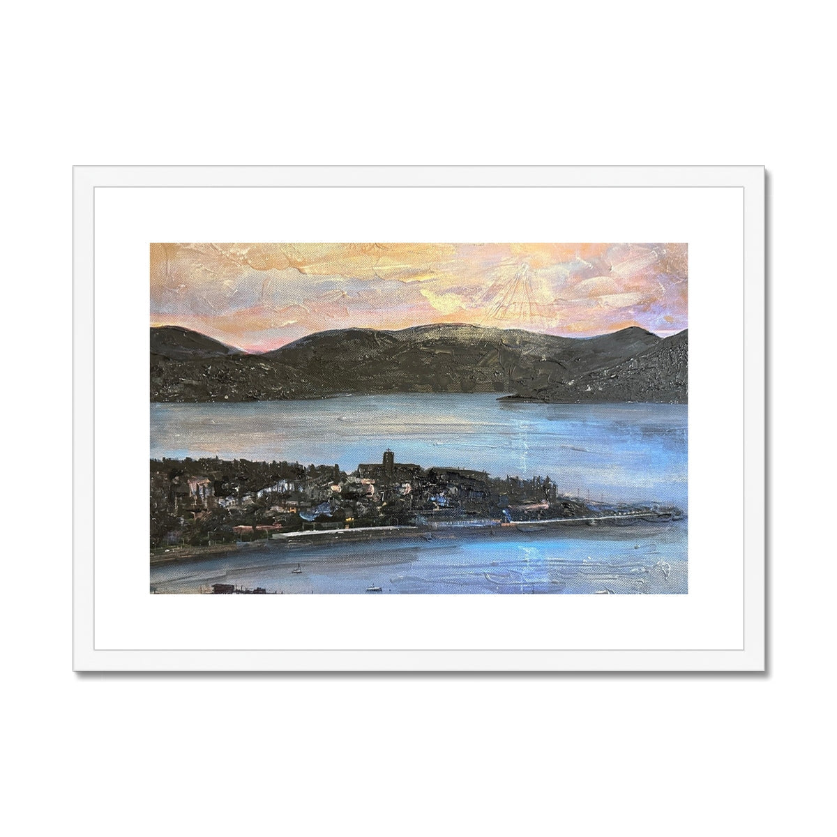 White framed abstract landscape art print of a coastal town and mountains by Lyle Hill